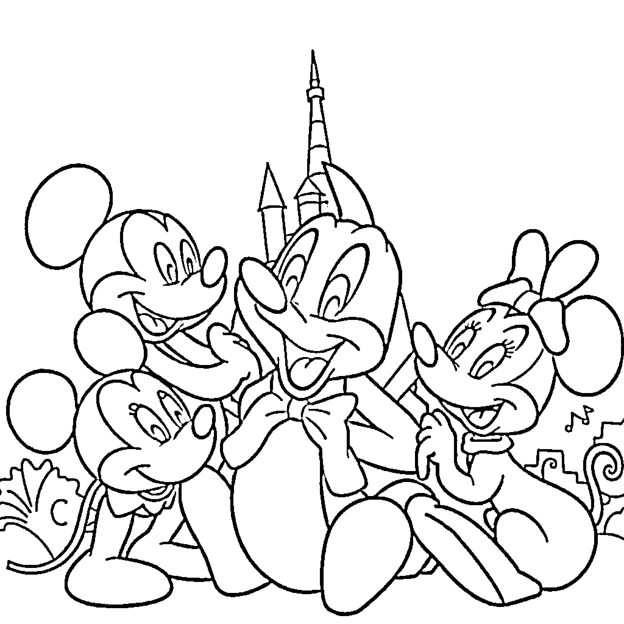 Disney Characters Enjoying a Day at the Castle Coloring Page (free black-and-white line drawing printable PDF for all, from beginners to advanced learners, including children, teens, adults, and seniors)