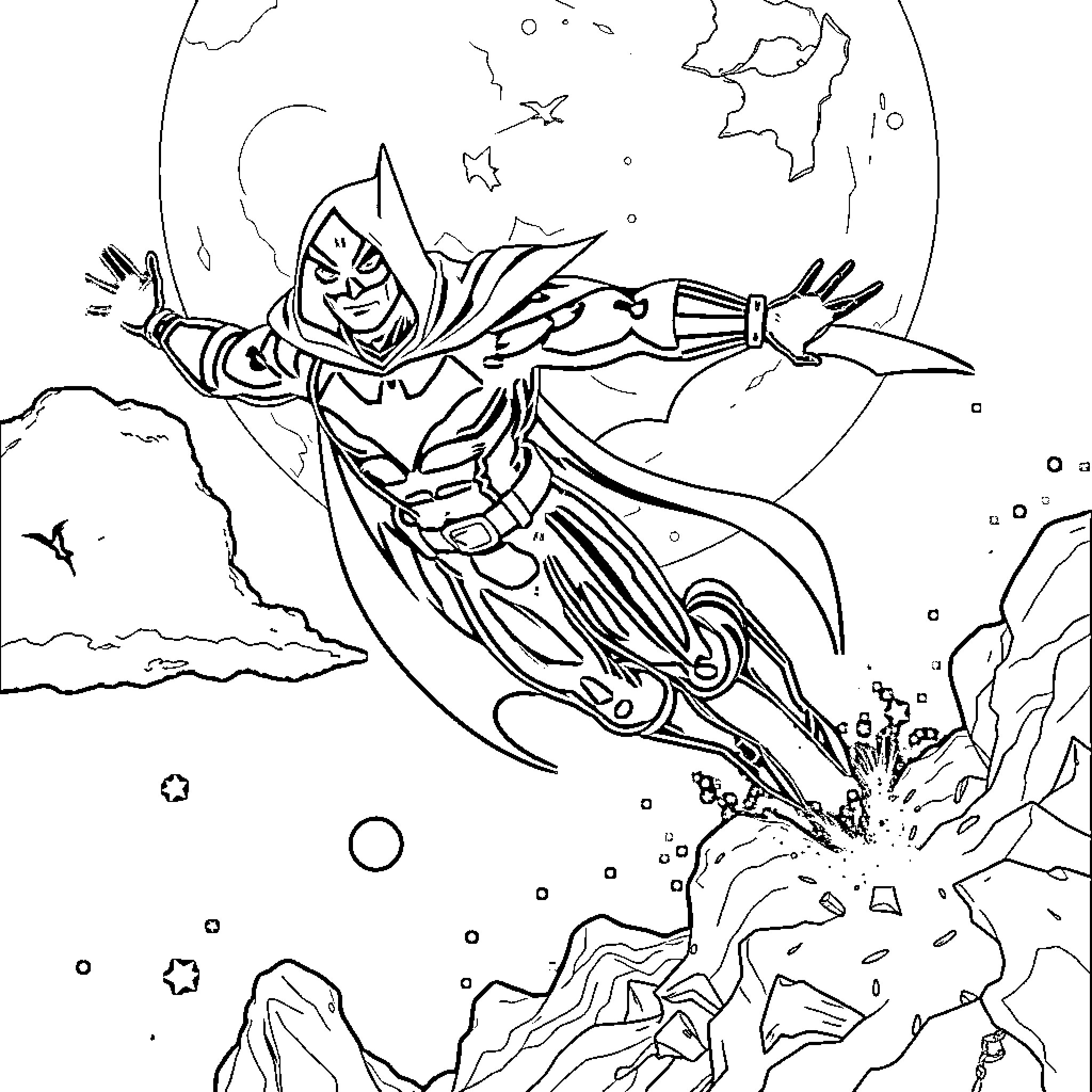 Moon Knight Soaring Through Cosmic Landscapes Coloring Page (free black-and-white line drawing printable PDF for all, from beginners to advanced learners, including children, teens, adults, and seniors)