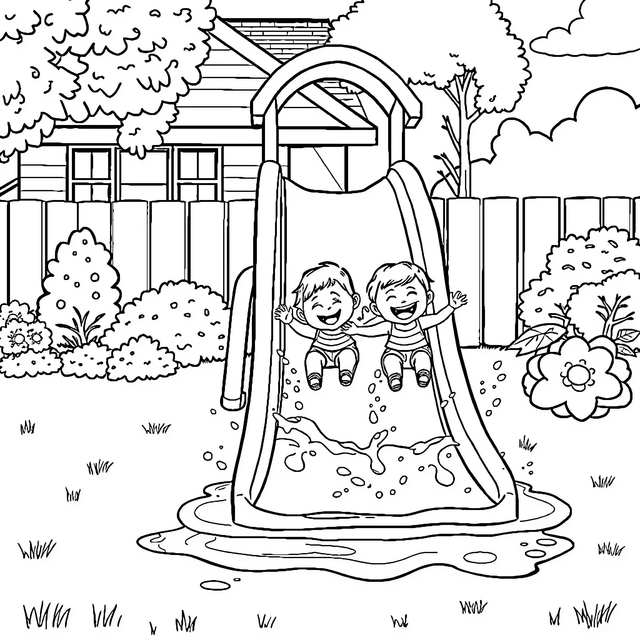Toddlers playing happily on a water slide Coloring Page (free black-and-white line drawing printable PDF for all, from beginners to advanced learners, including children, teens, adults, and seniors)