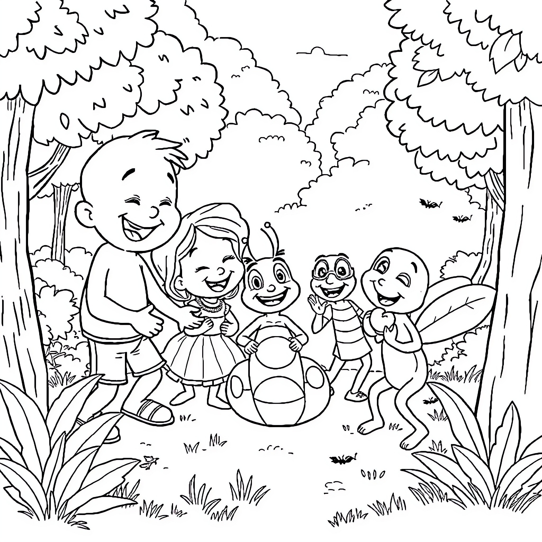 Bluey and Friends Explore the Enchanted Forest Coloring Page (free black-and-white line drawing printable PDF for all, from beginners to advanced learners, including children, teens, adults, and seniors)