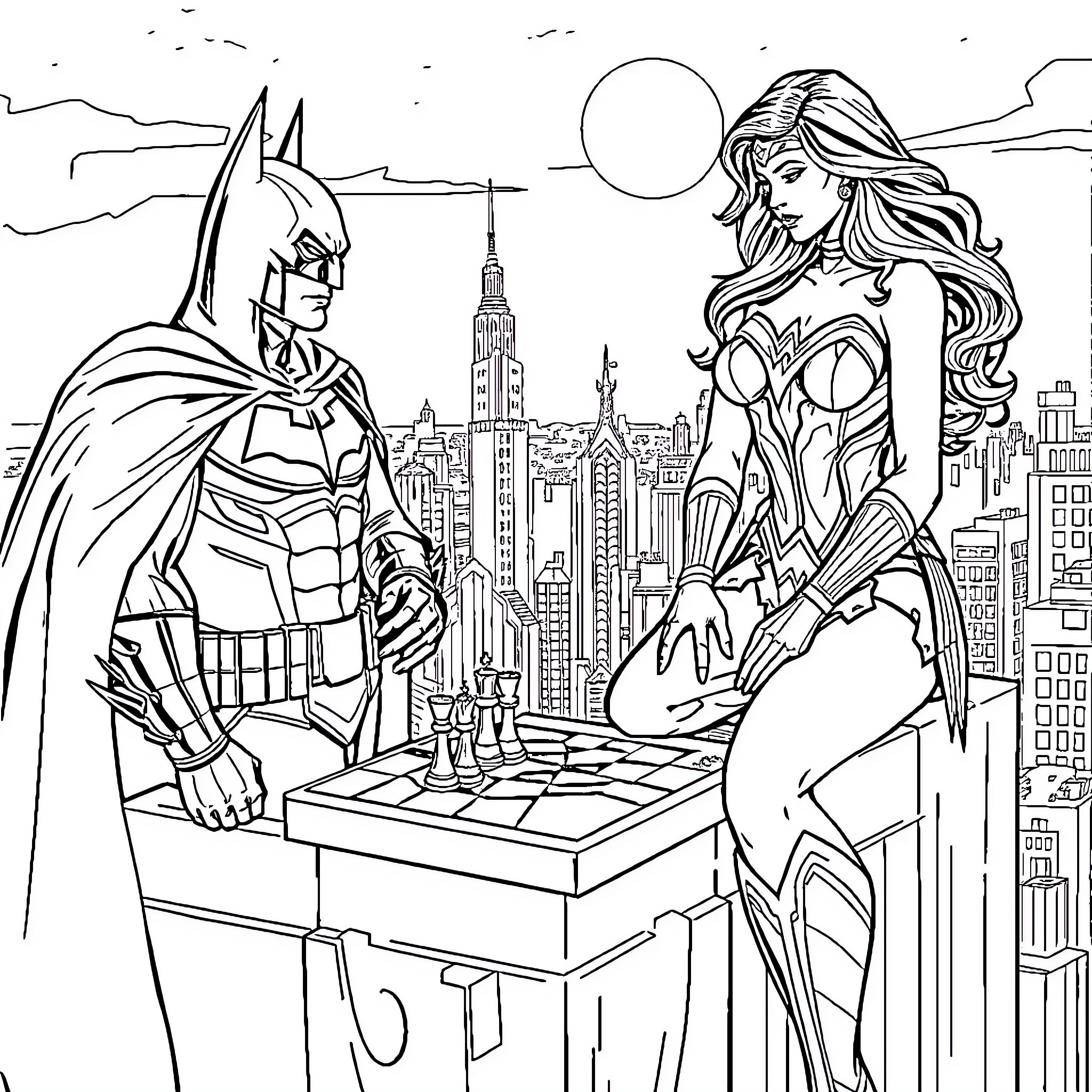 Wonder Woman and Batman Overlooking the City Coloring Page (free black-and-white line drawing printable PDF for all, from beginners to advanced learners, including children, teens, adults, and seniors)