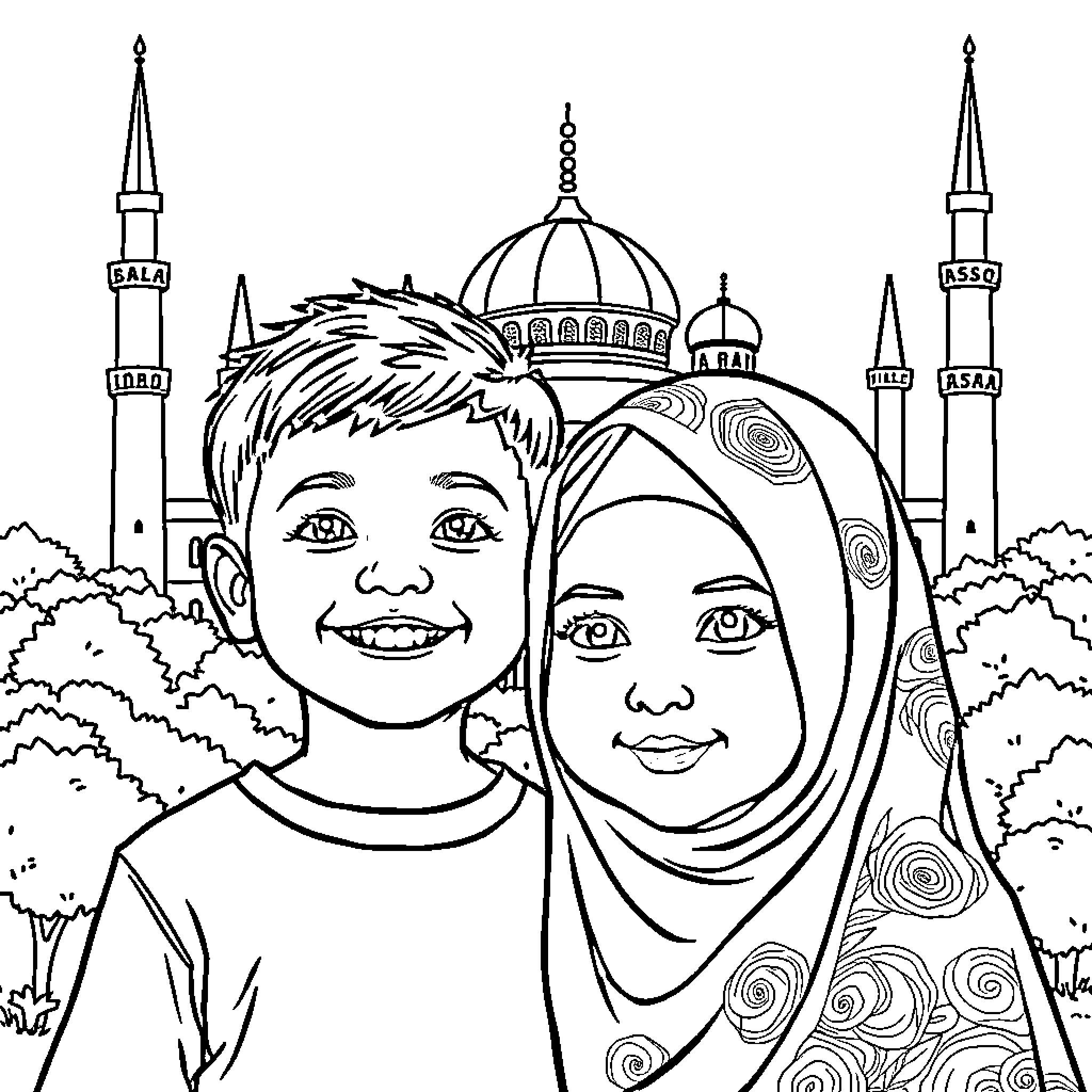 Boy and girl in front of iconic mosque Coloring Page (free black-and-white line drawing printable PDF for all, from beginners to advanced learners, including children, teens, adults, and seniors)