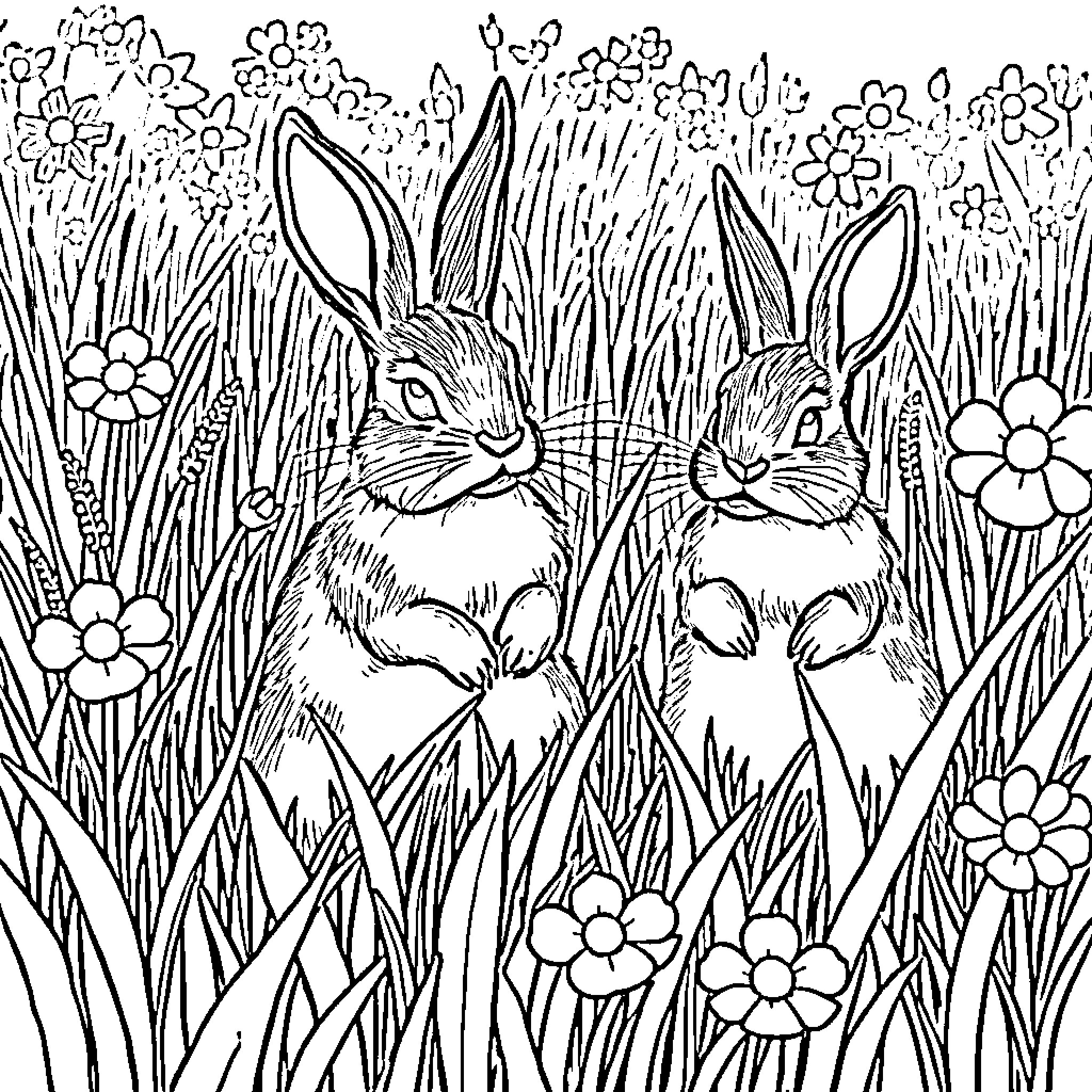 Rabbit friends exploring a flowery meadow Coloring Page (free black-and-white line drawing printable PDF for all, from beginners to advanced learners, including children, teens, adults, and seniors)