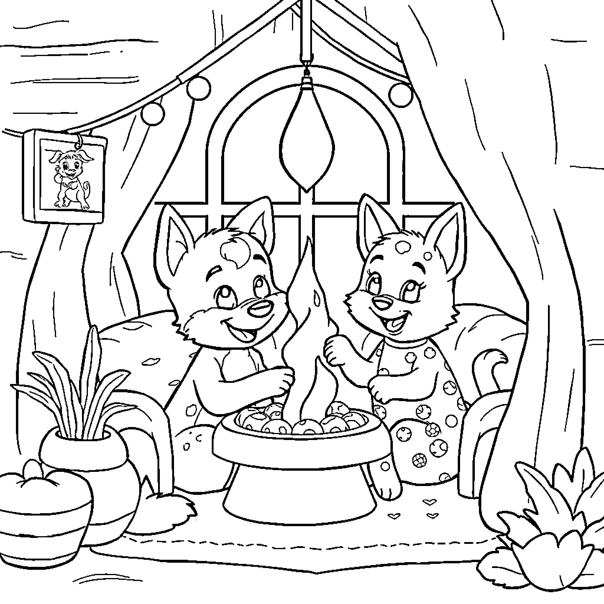Bluey and Friends Playing Outdoors in their Backyard Coloring Page (free black-and-white line drawing printable PDF for all, from beginners to advanced learners, including children, teens, adults, and seniors)