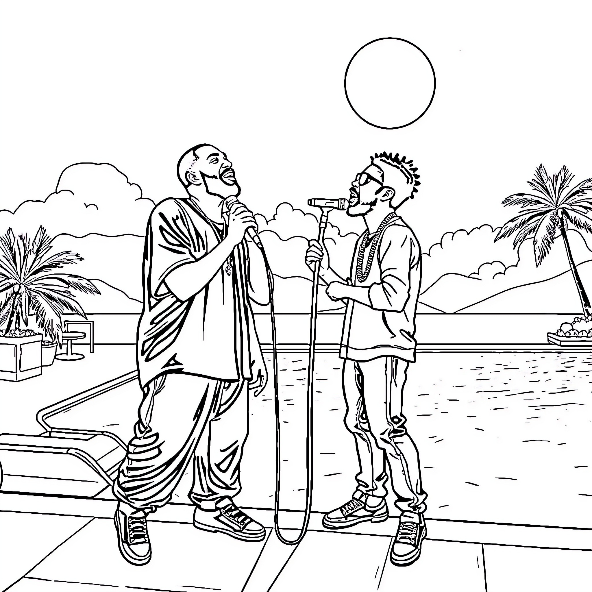 Drake performing on stage with backup dancer Coloring Page (free black-and-white line drawing printable PDF for all, from beginners to advanced learners, including children, teens, adults, and seniors)