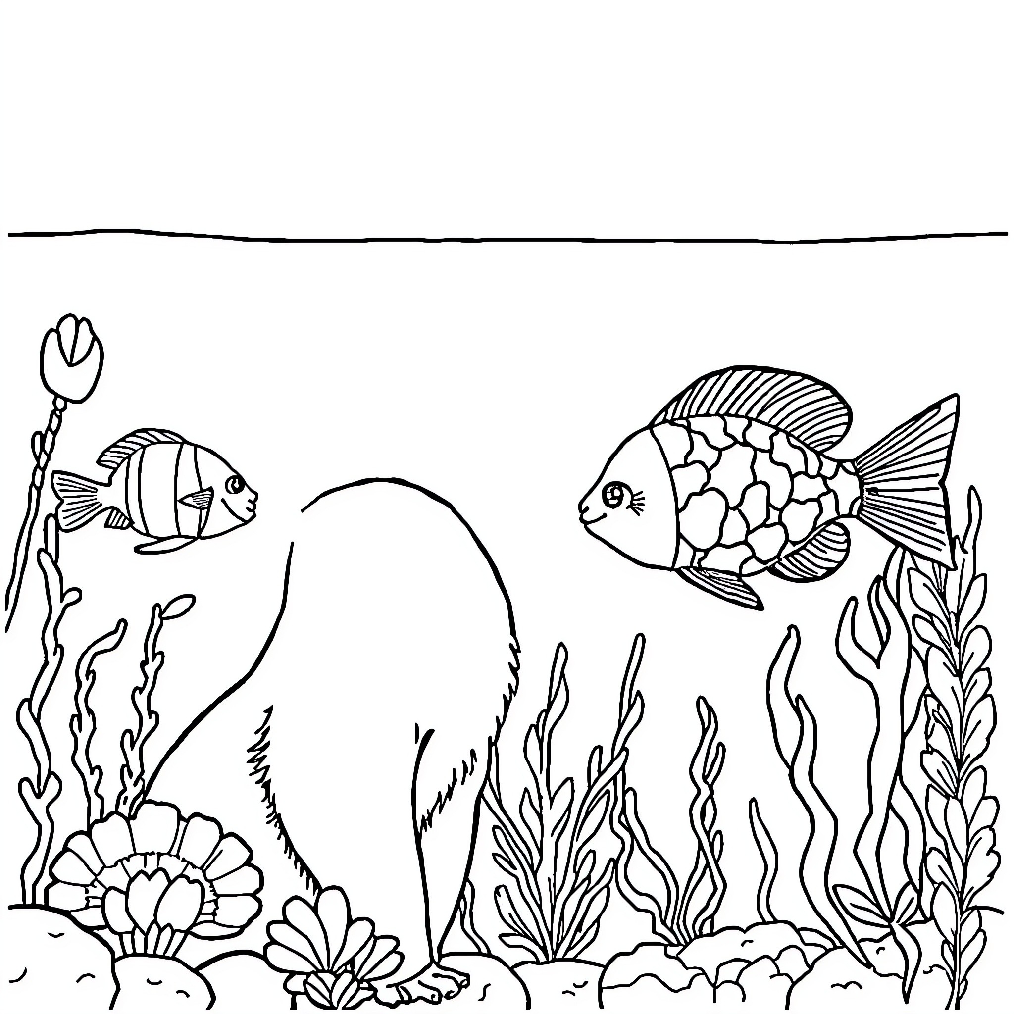 Cat marine life in underwater scene Coloring Page (free black-and-white line drawing printable PDF for all, from beginners to advanced learners, including children, teens, adults, and seniors)