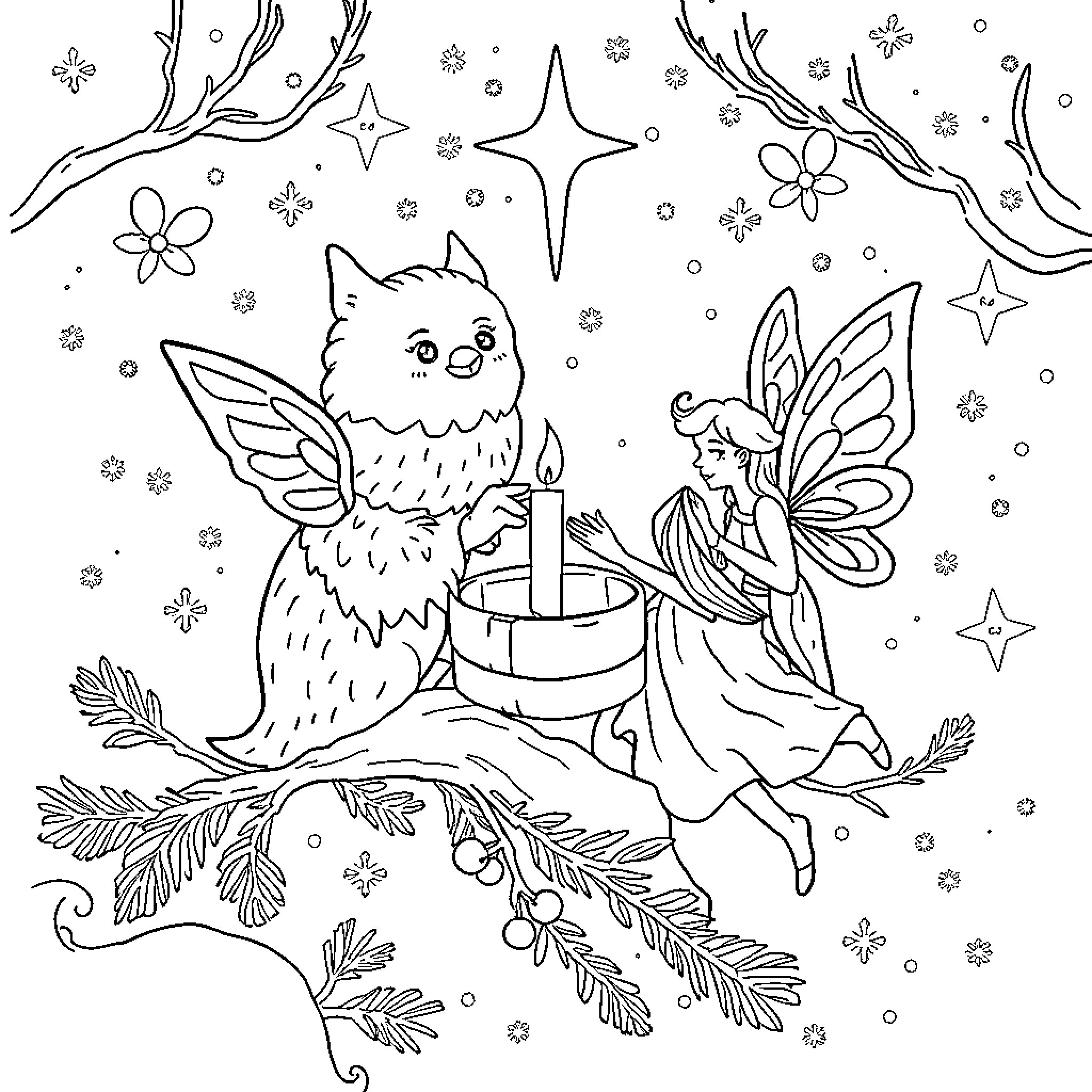 Noel's Magical Winter Celebration Coloring Page (free black-and-white line drawing printable PDF for all, from beginners to advanced learners, including children, teens, adults, and seniors)