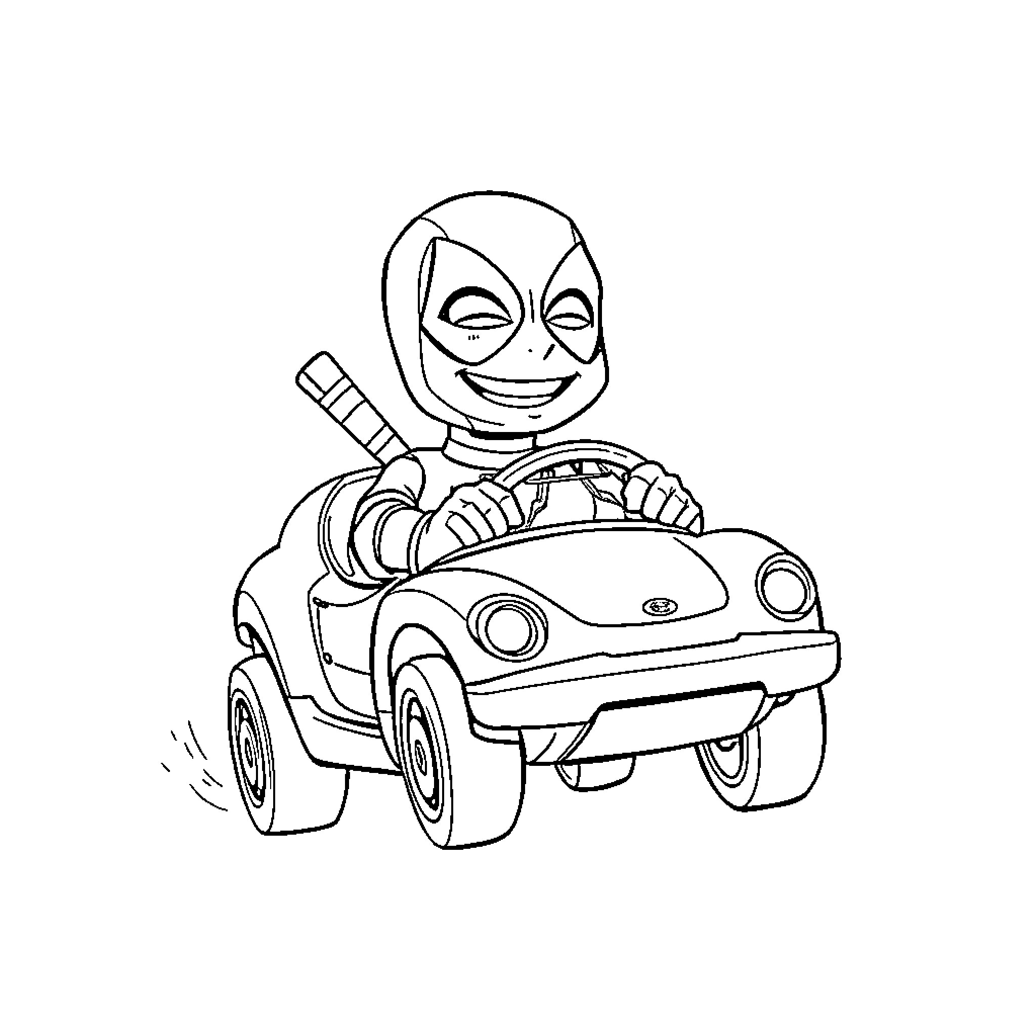Deadpool enjoying a joyride in his quirky car Coloring Page (free black-and-white line drawing printable PDF for all, from beginners to advanced learners, including children, teens, adults, and seniors)