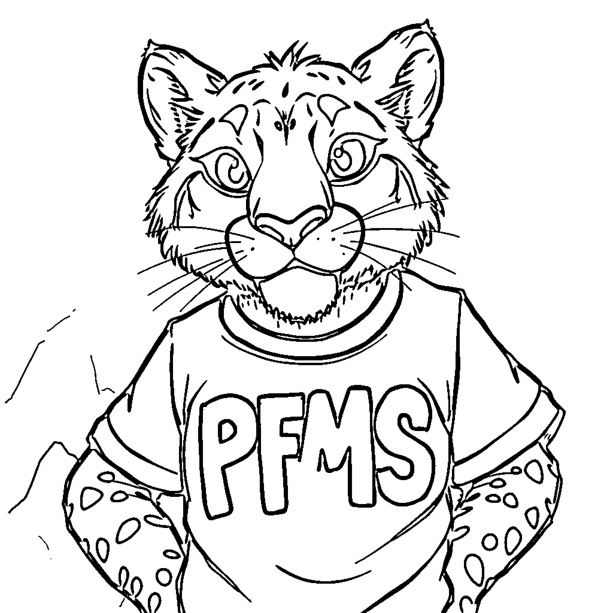 Mountain Lion wearing a PFMS shirt Coloring Page (free black-and-white line drawing printable PDF for all, from beginners to advanced learners, including children, teens, adults, and seniors)