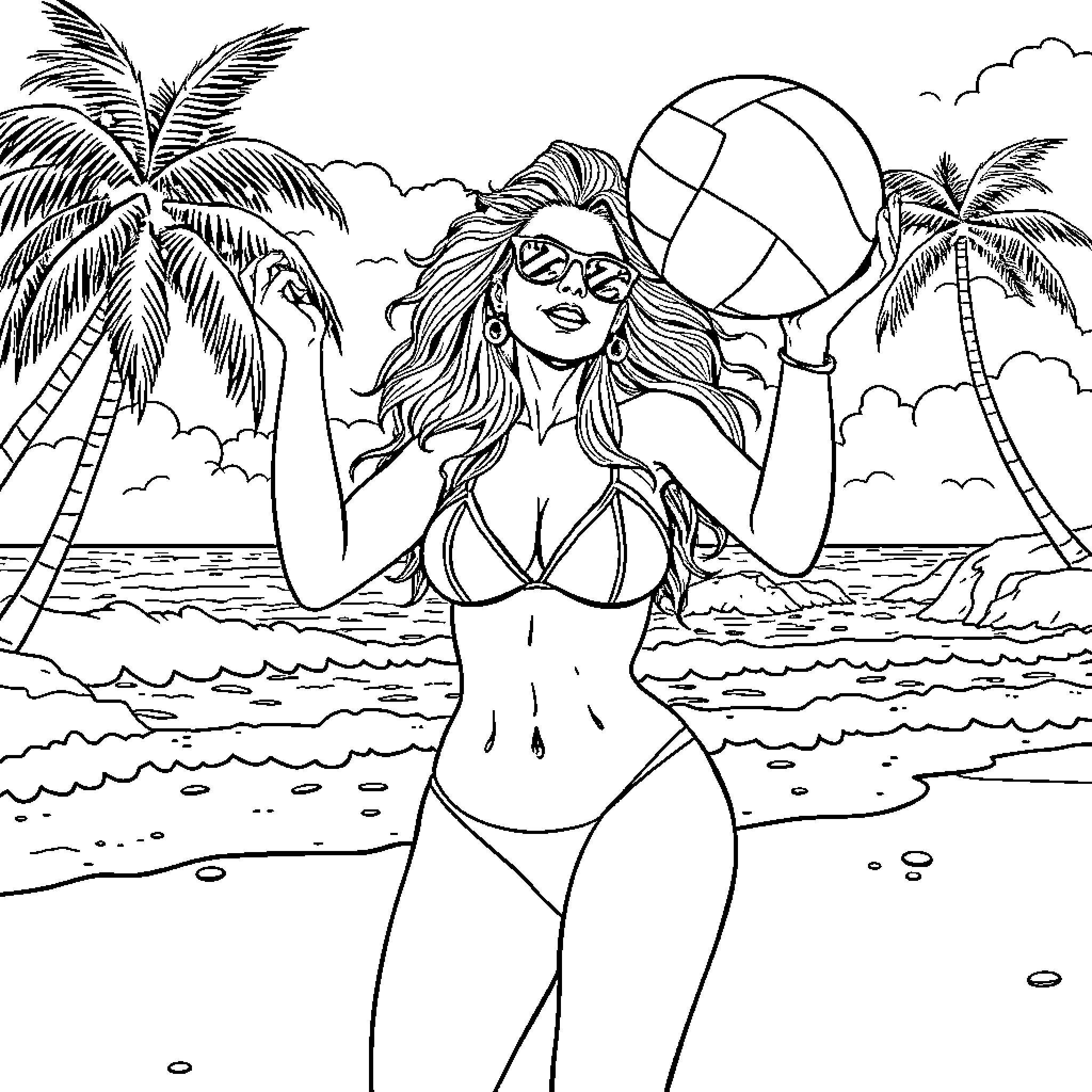 Carmen Electra enjoying a beach vacation Coloring Page (free black-and-white line drawing printable PDF for all, from beginners to advanced learners, including children, teens, adults, and seniors)