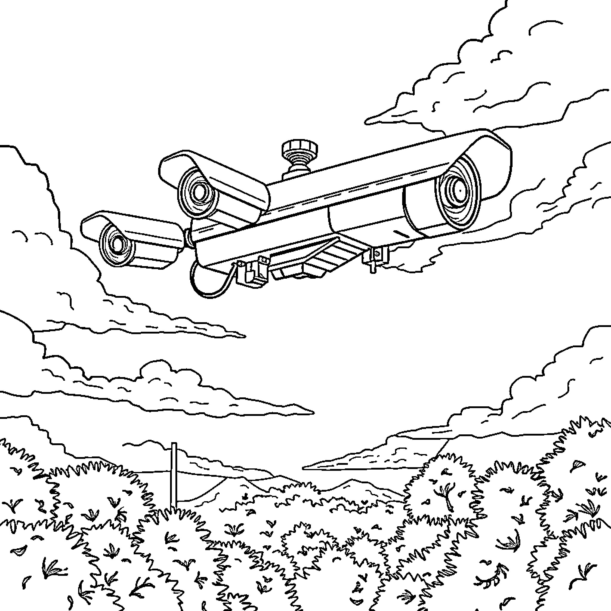 Surveillance System Monitoring Outdoor Scenery Coloring Page (free black-and-white line drawing printable PDF for all, from beginners to advanced learners, including children, teens, adults, and seniors)