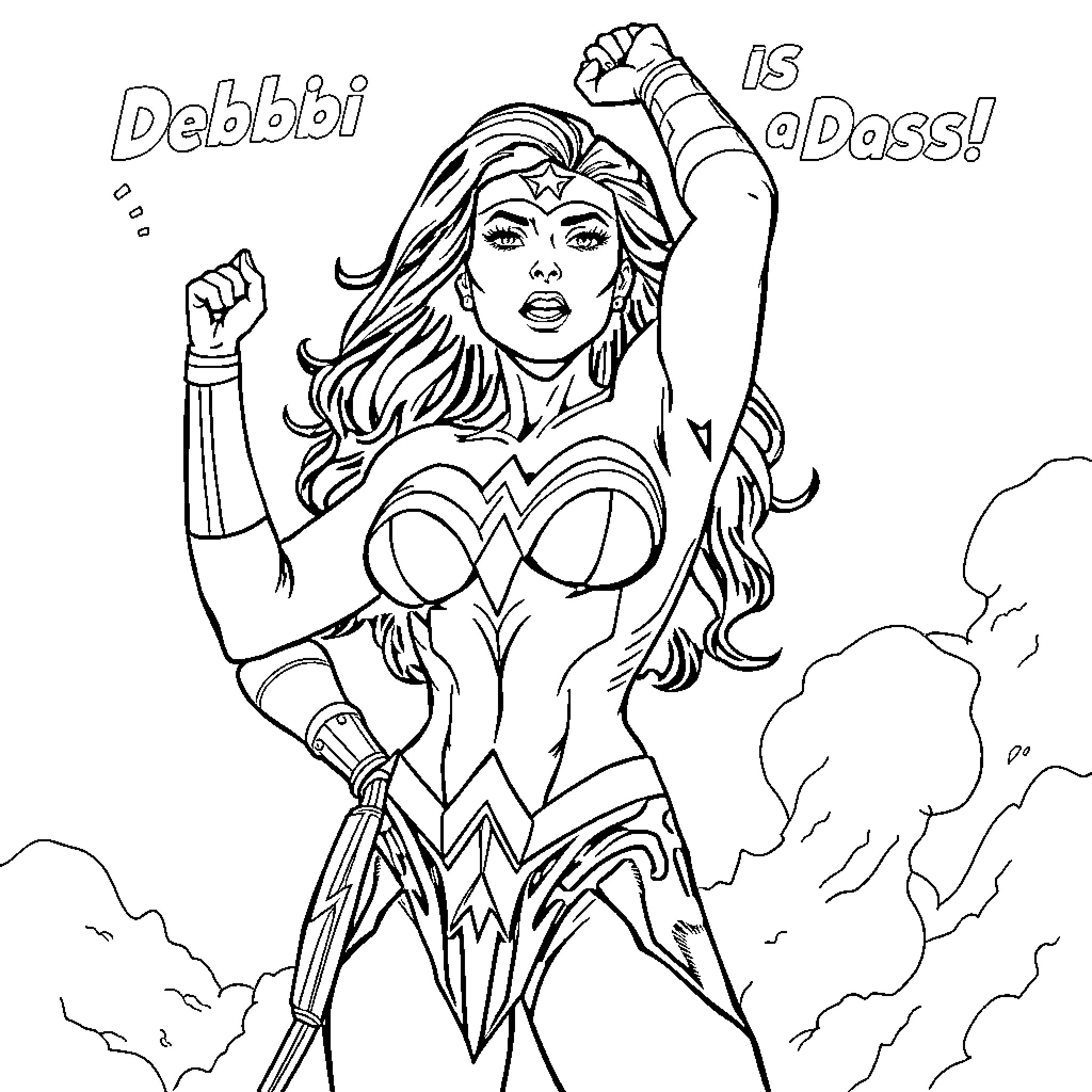 Wonder Woman Triumphant in Action Coloring Page (free black-and-white line drawing printable PDF for all, from beginners to advanced learners, including children, teens, adults, and seniors)