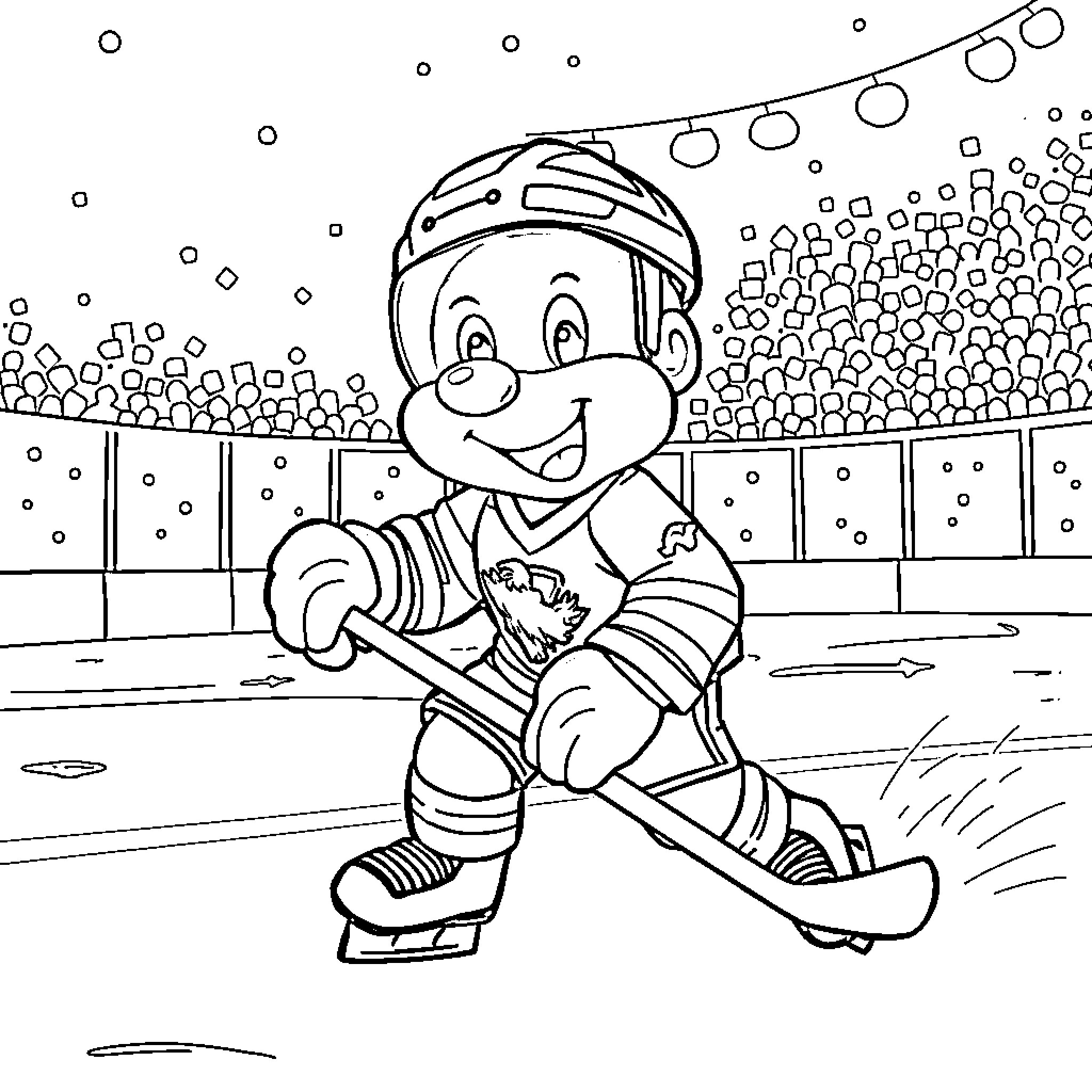 Bluey playing ice hockey on a snowy rink Coloring Page (free black-and-white line drawing printable PDF for all, from beginners to advanced learners, including children, teens, adults, and seniors)
