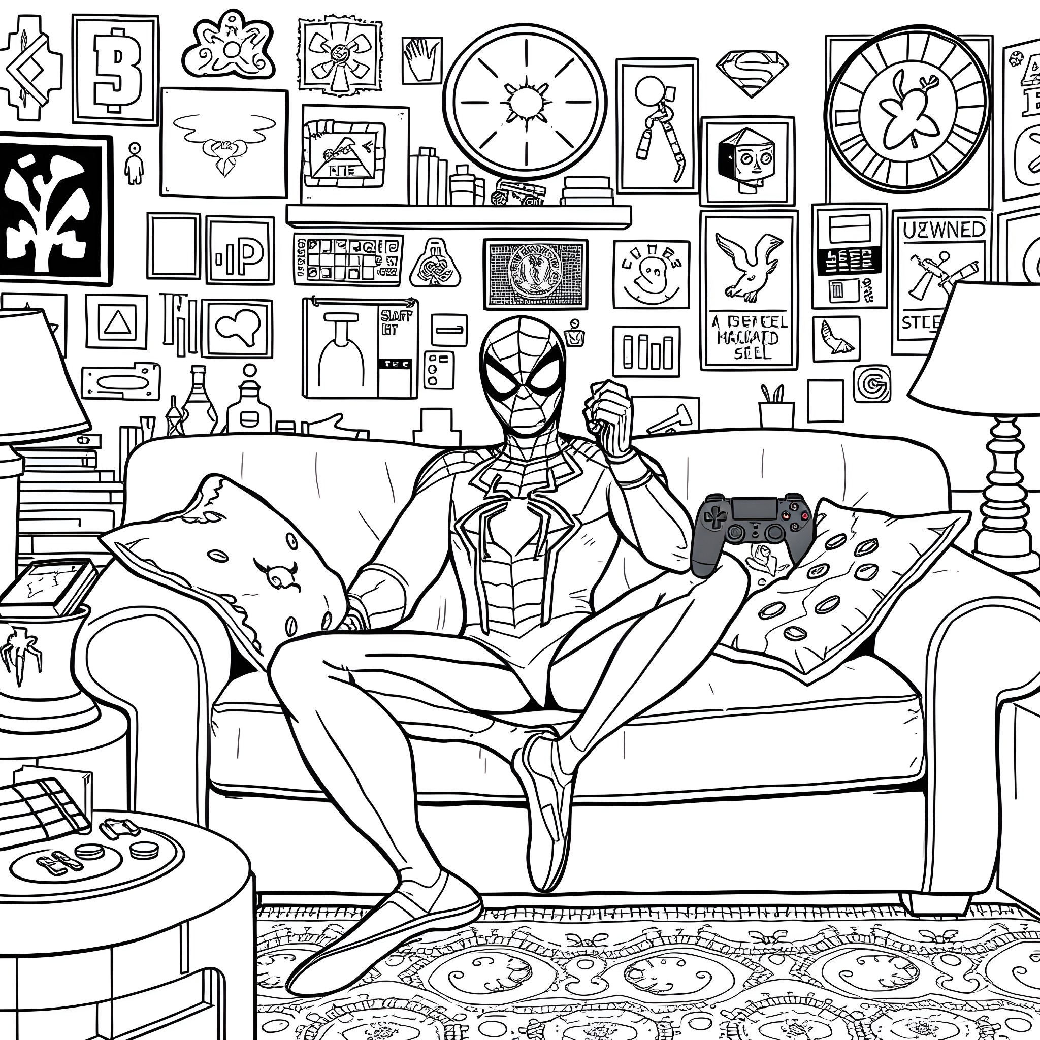 Spiderman relaxing at home with video games and collectibles Coloring Page (free black-and-white line drawing printable PDF for all, from beginners to advanced learners, including children, teens, adults, and seniors)