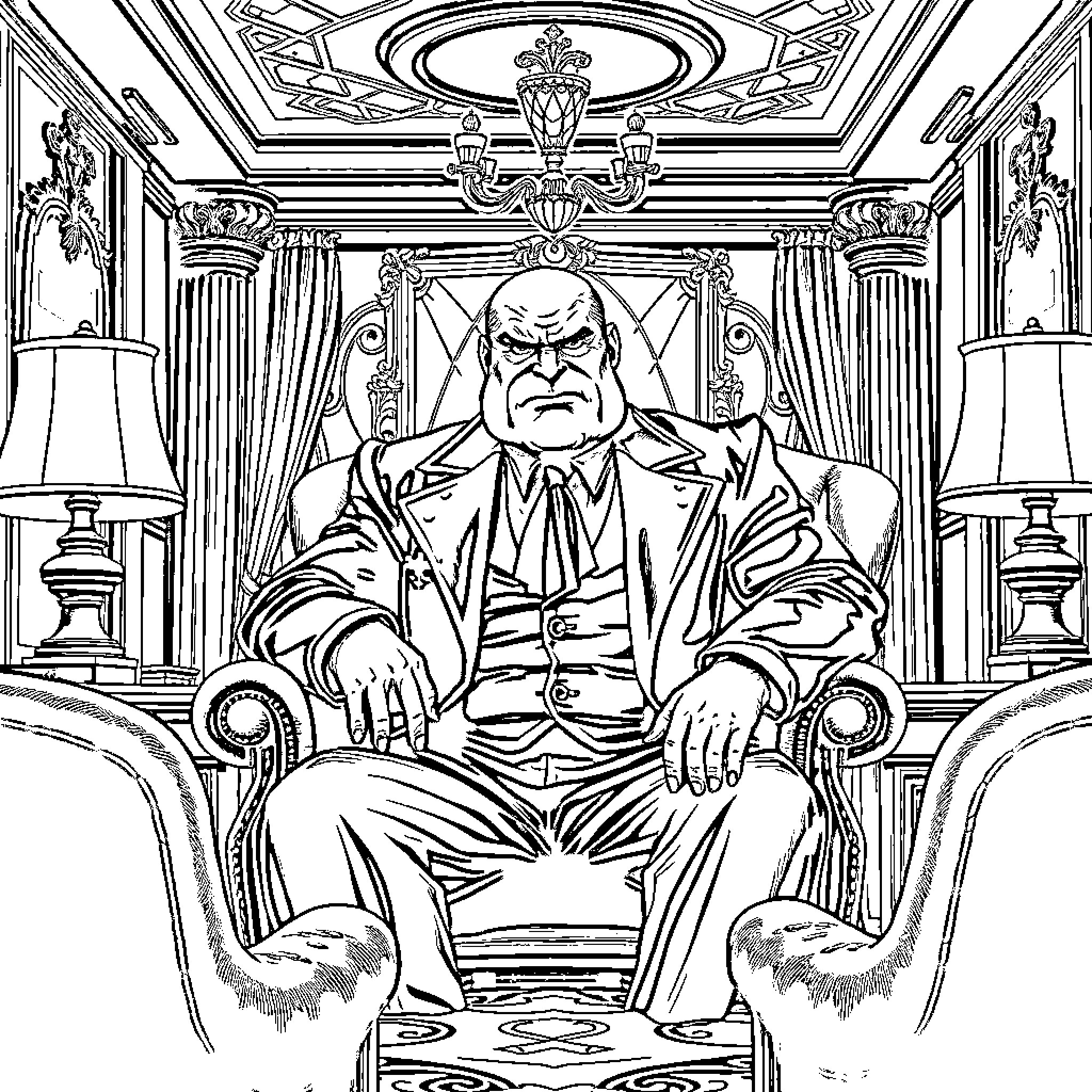King Pin Overlord Sitting Enthroned in Lavish Palace Coloring Page (free black-and-white line drawing printable PDF for all, from beginners to advanced learners, including children, teens, adults, and seniors)