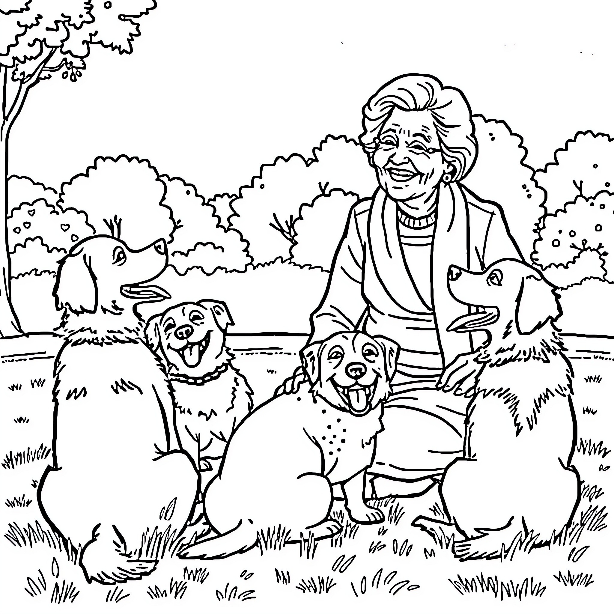 Grandmother enjoys quality time with her loving dogs Coloring Page (free black-and-white line drawing printable PDF for all, from beginners to advanced learners, including children, teens, adults, and seniors)