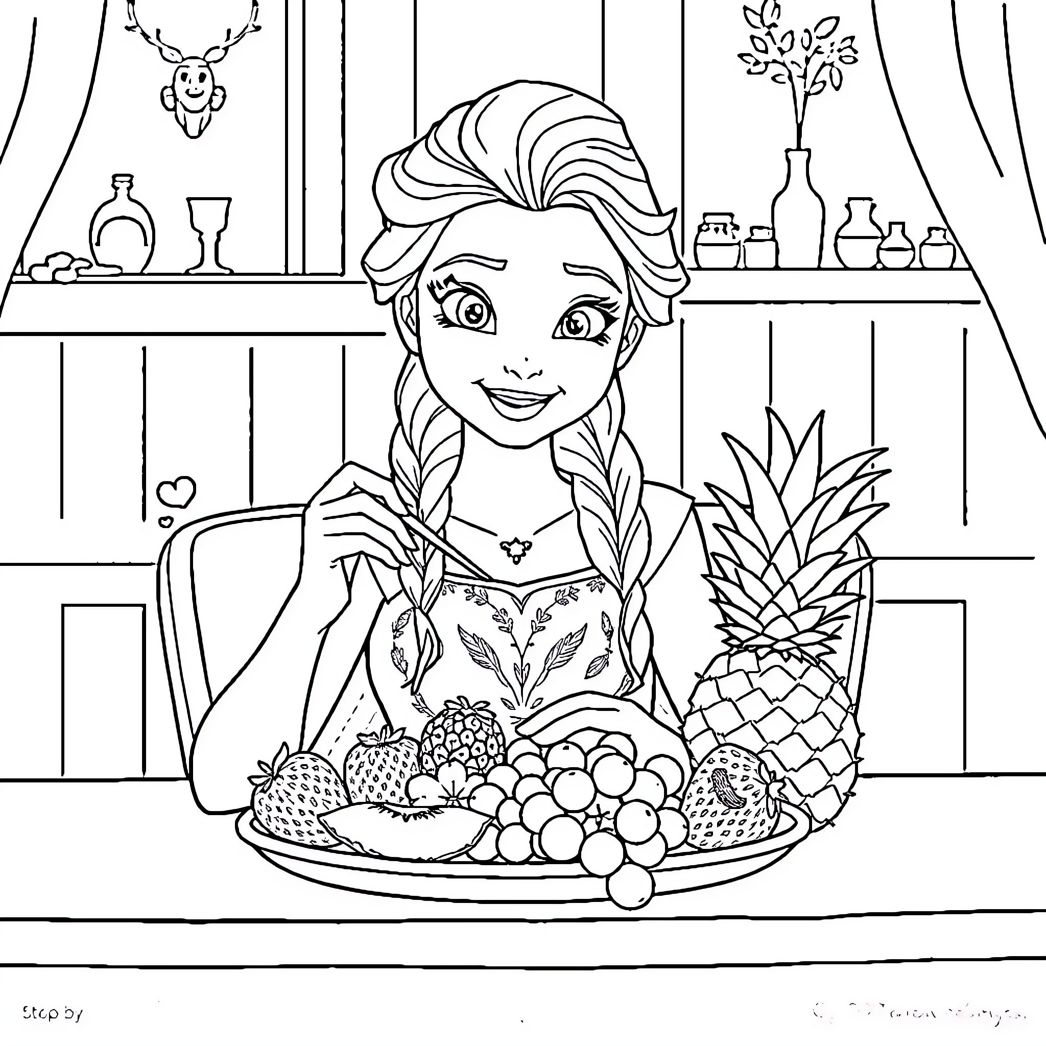 Elsa enjoying a platter of fresh fruits Coloring Page (free black-and-white line drawing printable PDF for all, from beginners to advanced learners, including children, teens, adults, and seniors)