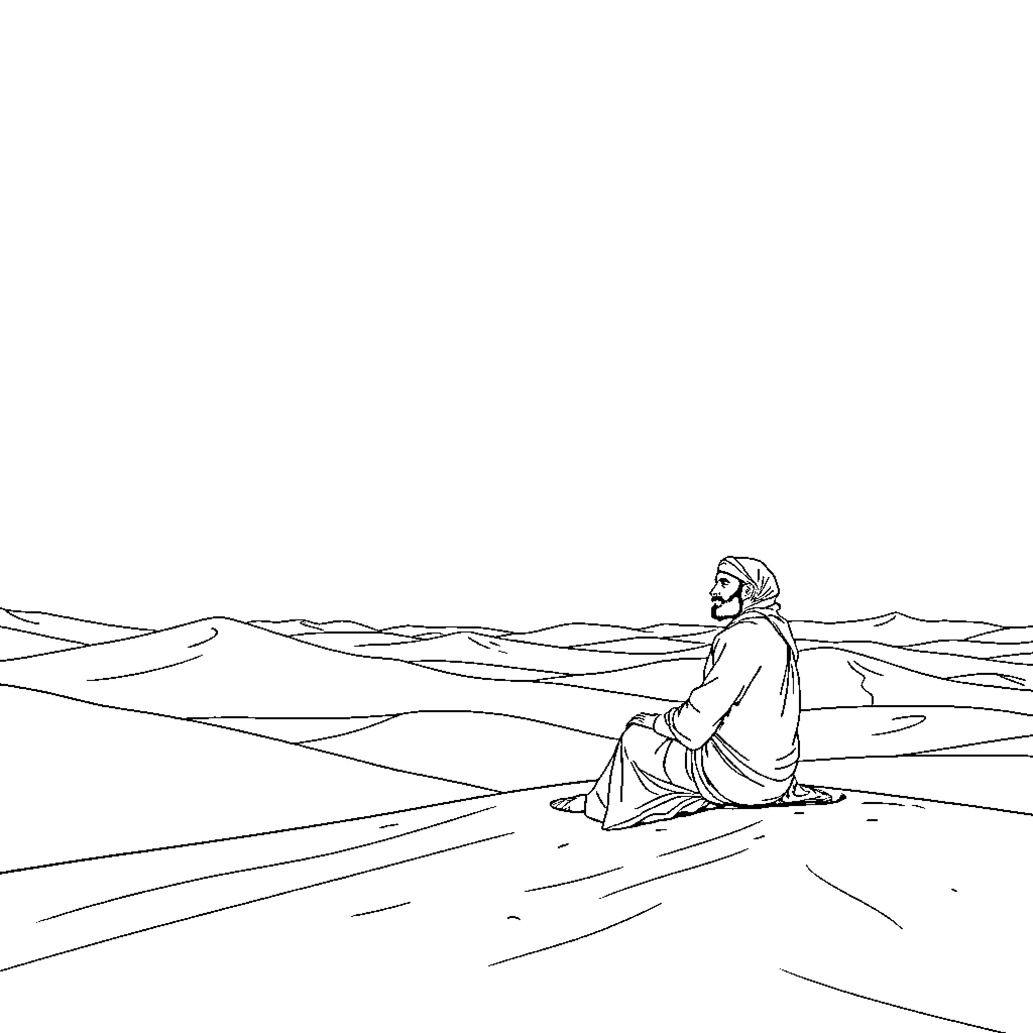 Rumi in contemplation amidst the desert landscape Coloring Page (free black-and-white line drawing printable PDF for all, from beginners to advanced learners, including children, teens, adults, and seniors)