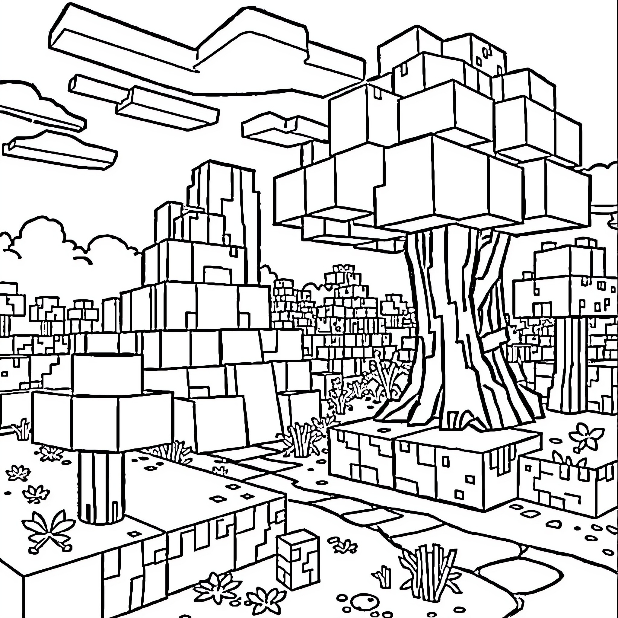 Minecraft cuboid structures in a surreal landscape Coloring Page (free black-and-white line drawing printable PDF for all, from beginners to advanced learners, including children, teens, adults, and seniors)