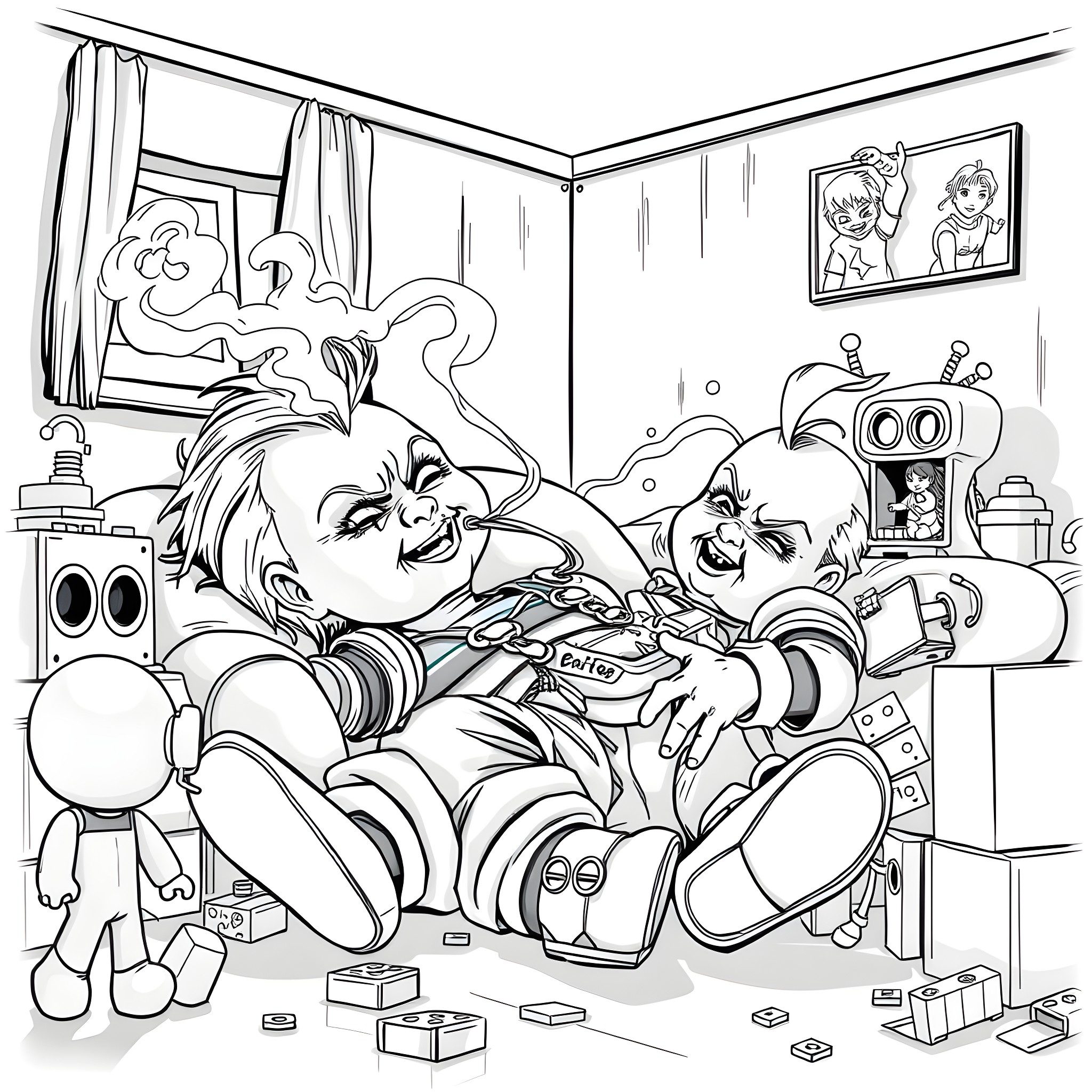 Chucky unleashing mischief in a playroom filled with toys Coloring Page (free black-and-white line drawing printable PDF for all, from beginners to advanced learners, including children, teens, adults, and seniors)