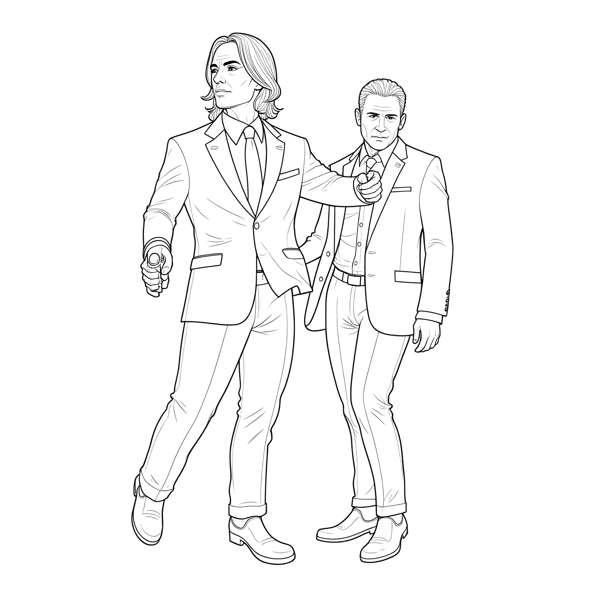 James Bond in a Formal Tuxedo with Ally Coloring Page (free black-and-white line drawing printable PDF for all, from beginners to advanced learners, including children, teens, adults, and seniors)