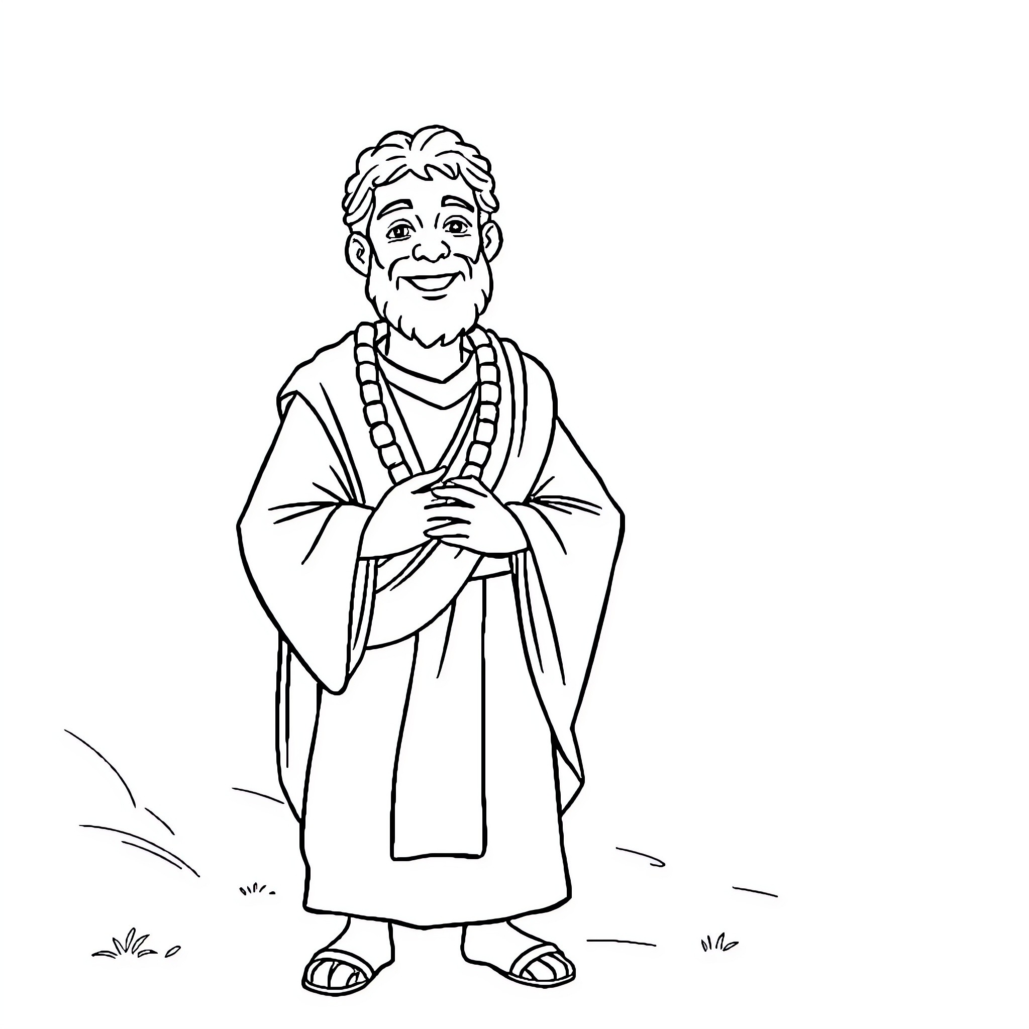 Joseph happily sharing his wisdom in a serene setting Coloring Page (free black-and-white line drawing printable PDF for all, from beginners to advanced learners, including children, teens, adults, and seniors)