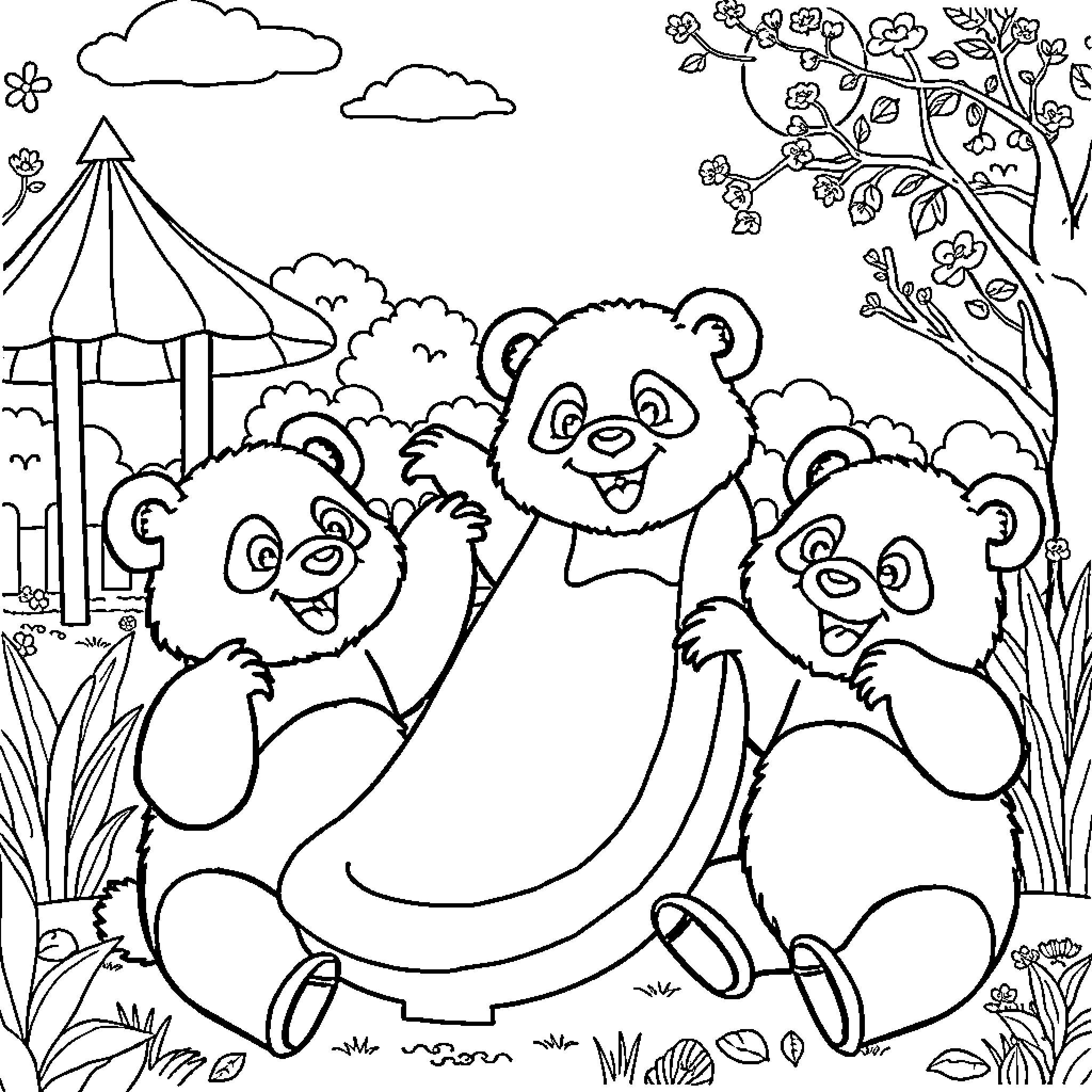 Pandas playing happily in the nature scene Coloring Page (free black-and-white line drawing printable PDF for all, from beginners to advanced learners, including children, teens, adults, and seniors)