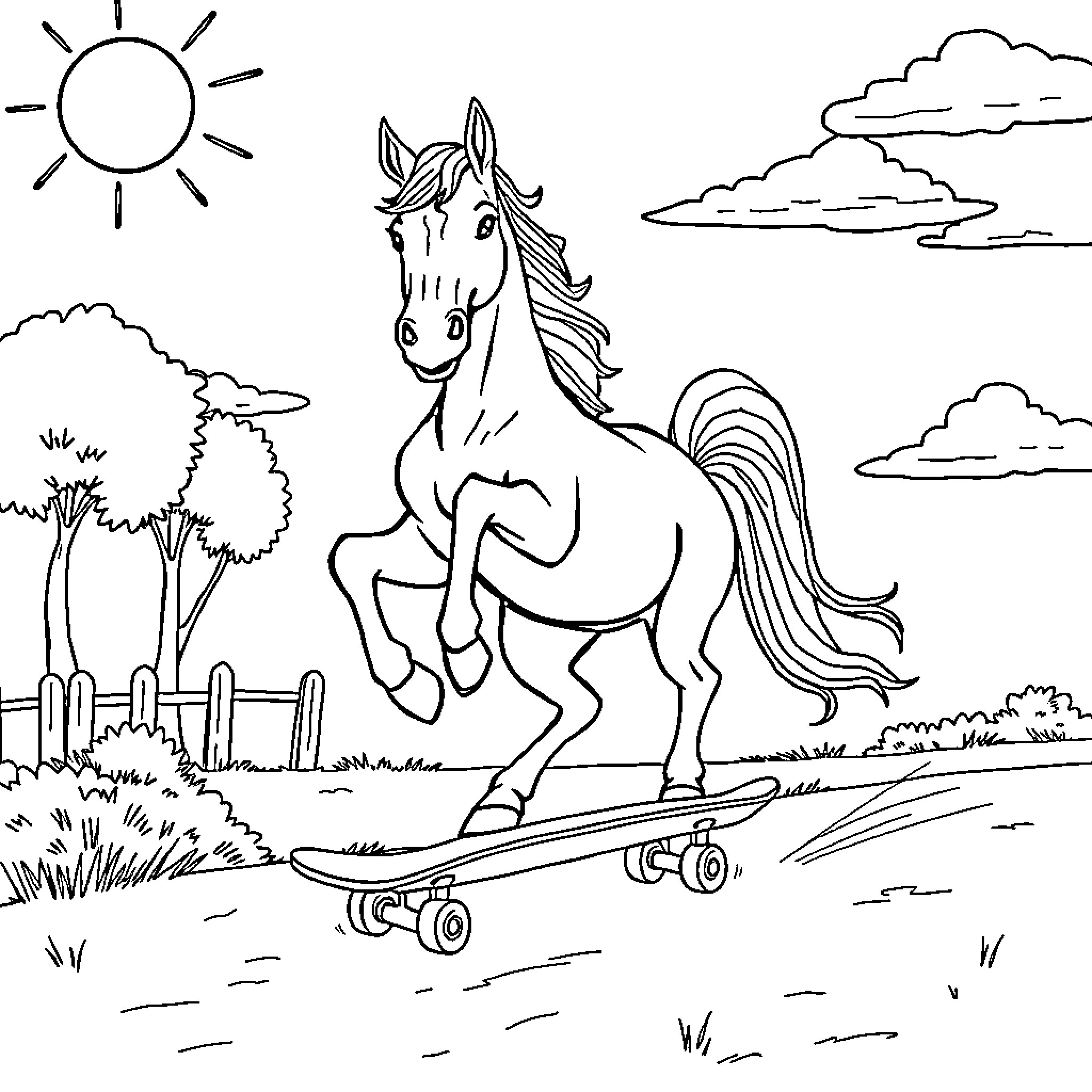Horse riding skateboard in a pastoral scene Coloring Page (free black-and-white line drawing printable PDF for all, from beginners to advanced learners, including children, teens, adults, and seniors)