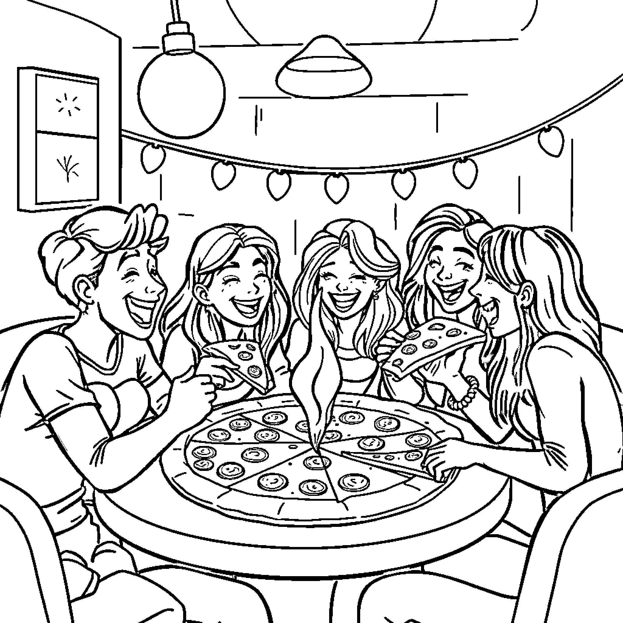 Pizza party with friends and laughter Coloring Page (free black-and-white line drawing printable PDF for all, from beginners to advanced learners, including children, teens, adults, and seniors)