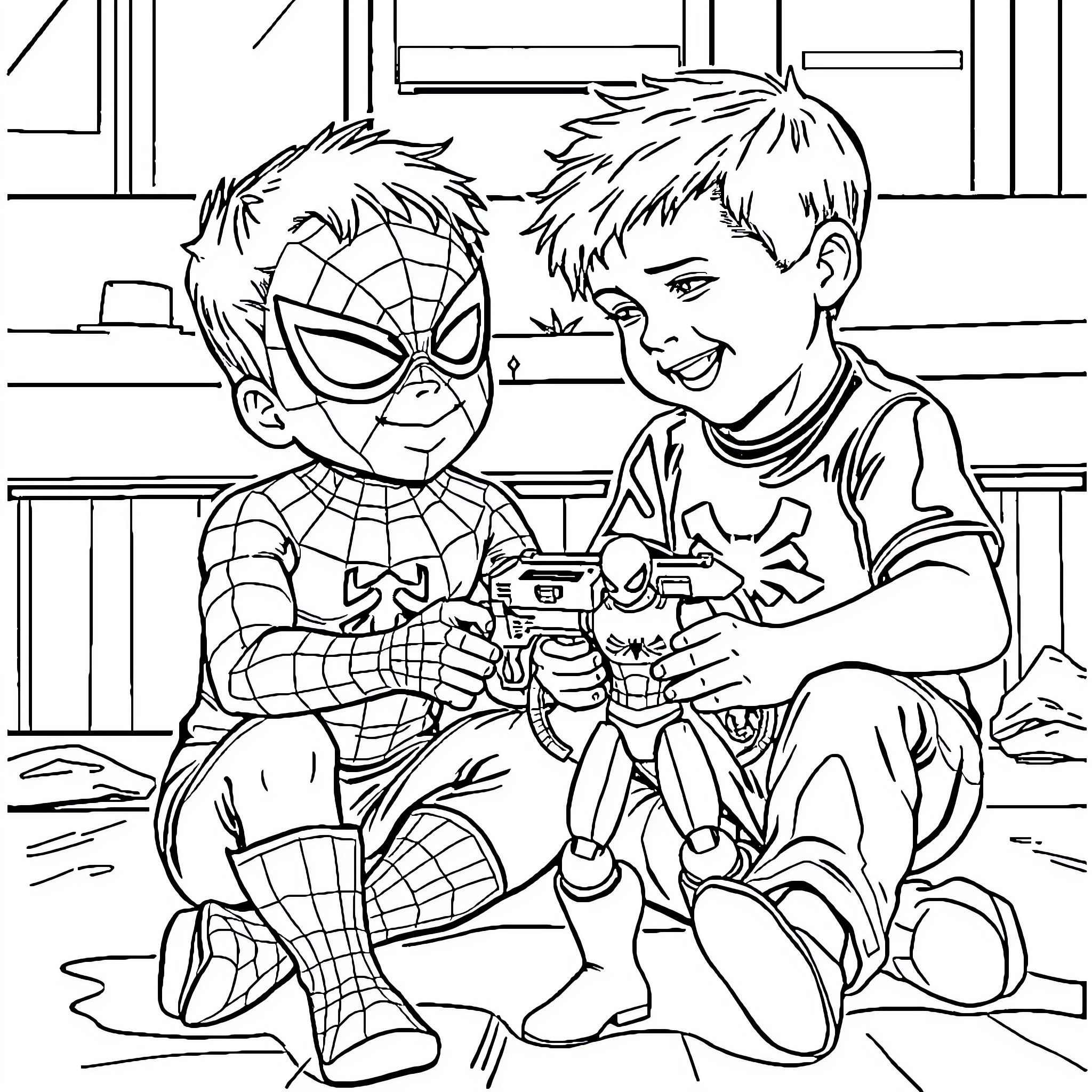 Boy Plays with Superhero Figurine on Floor Coloring Page (free black-and-white line drawing printable PDF for all, from beginners to advanced learners, including children, teens, adults, and seniors)