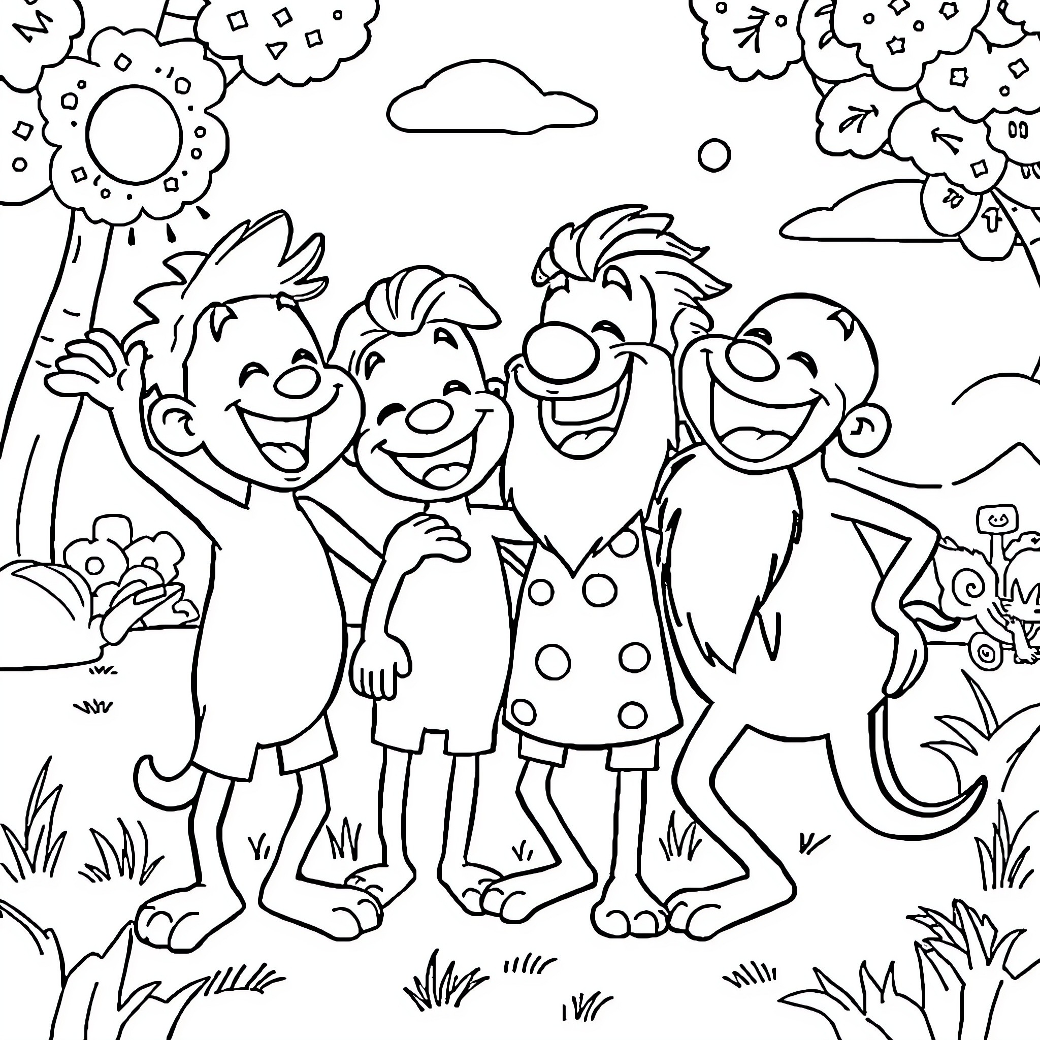 Wikid Whimsical Friends Embrace Outdoors Coloring Page (free black-and-white line drawing printable PDF for all, from beginners to advanced learners, including children, teens, adults, and seniors)