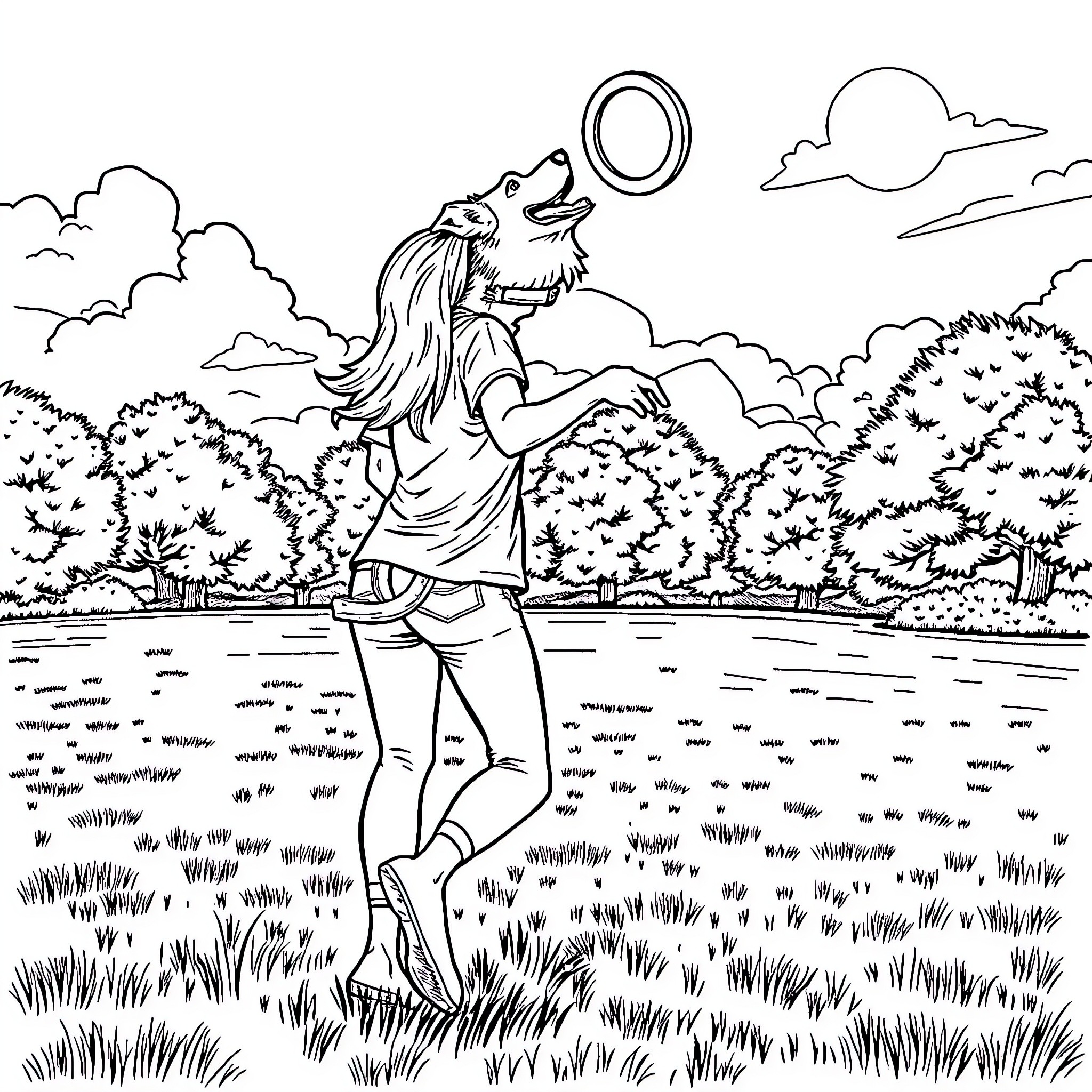 Disc Dog playing in the park Coloring Page (free black-and-white line drawing printable PDF for all, from beginners to advanced learners, including children, teens, adults, and seniors)