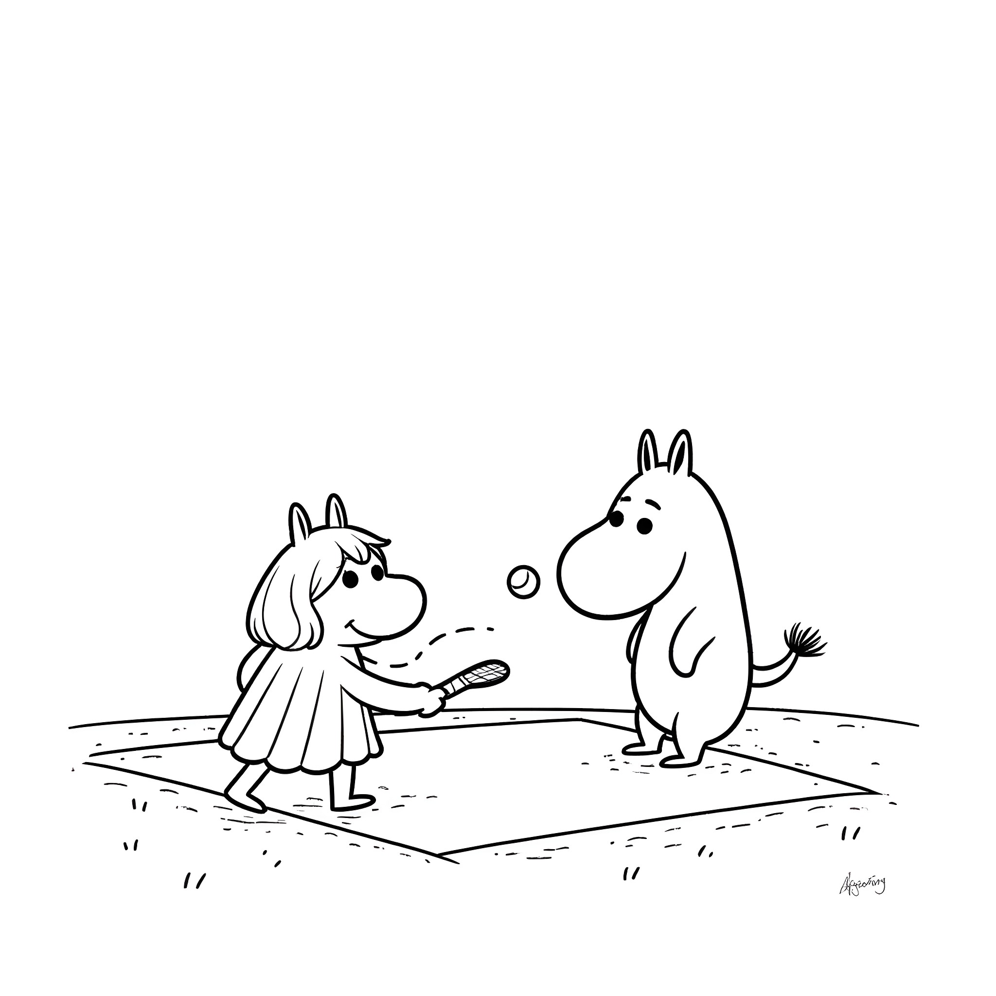Little My playing with Moomin on a picnic blanket Coloring Page (free black-and-white line drawing printable PDF for all, from beginners to advanced learners, including children, teens, adults, and seniors)
