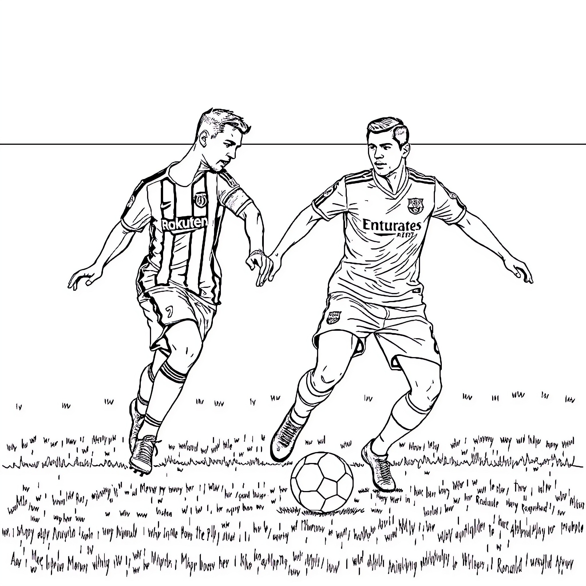 Football players in action on the field Coloring Page (free black-and-white line drawing printable PDF for all, from beginners to advanced learners, including children, teens, adults, and seniors)