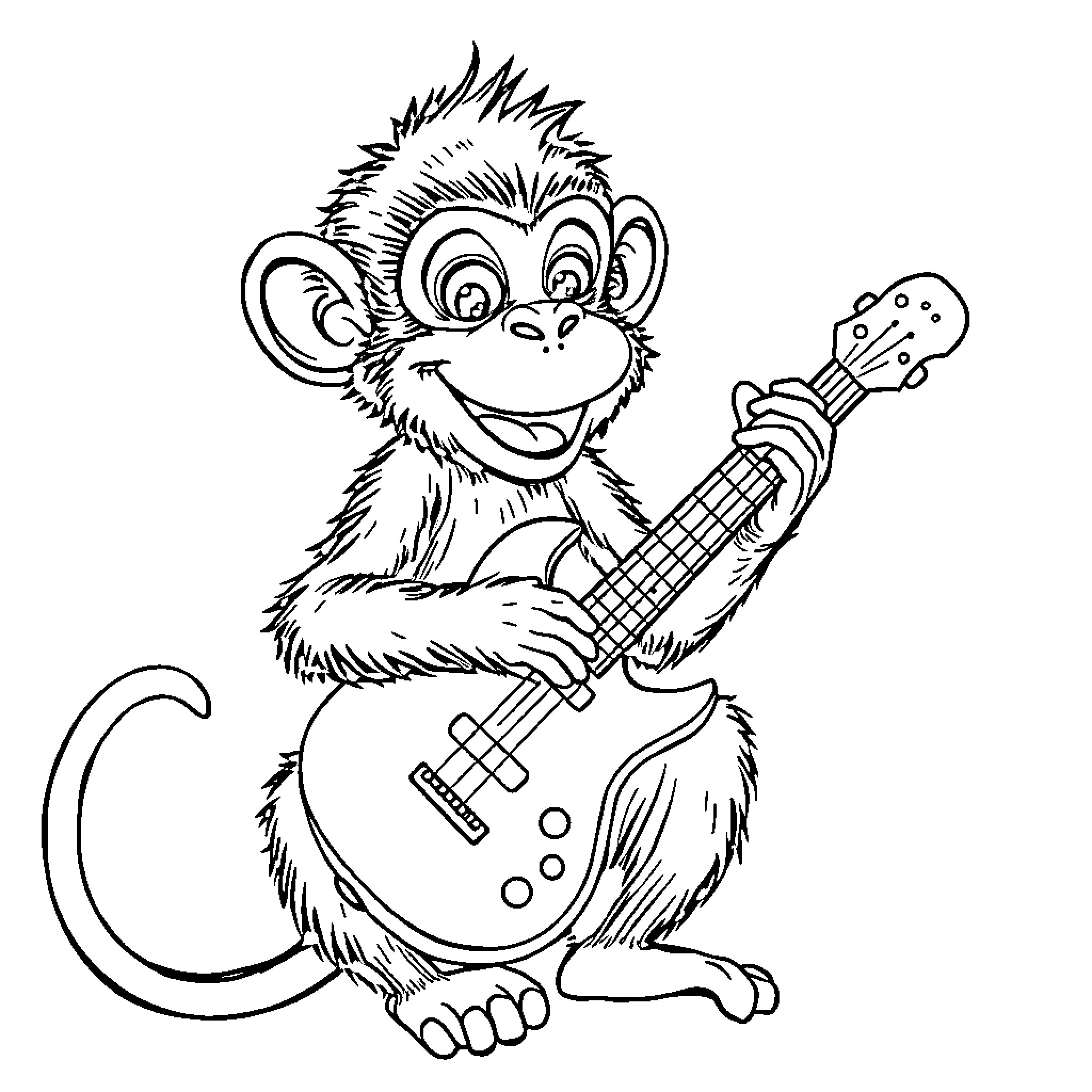 Monkey playing guitar with enthusiasm Coloring Page (free black-and-white line drawing printable PDF for all, from beginners to advanced learners, including children, teens, adults, and seniors)