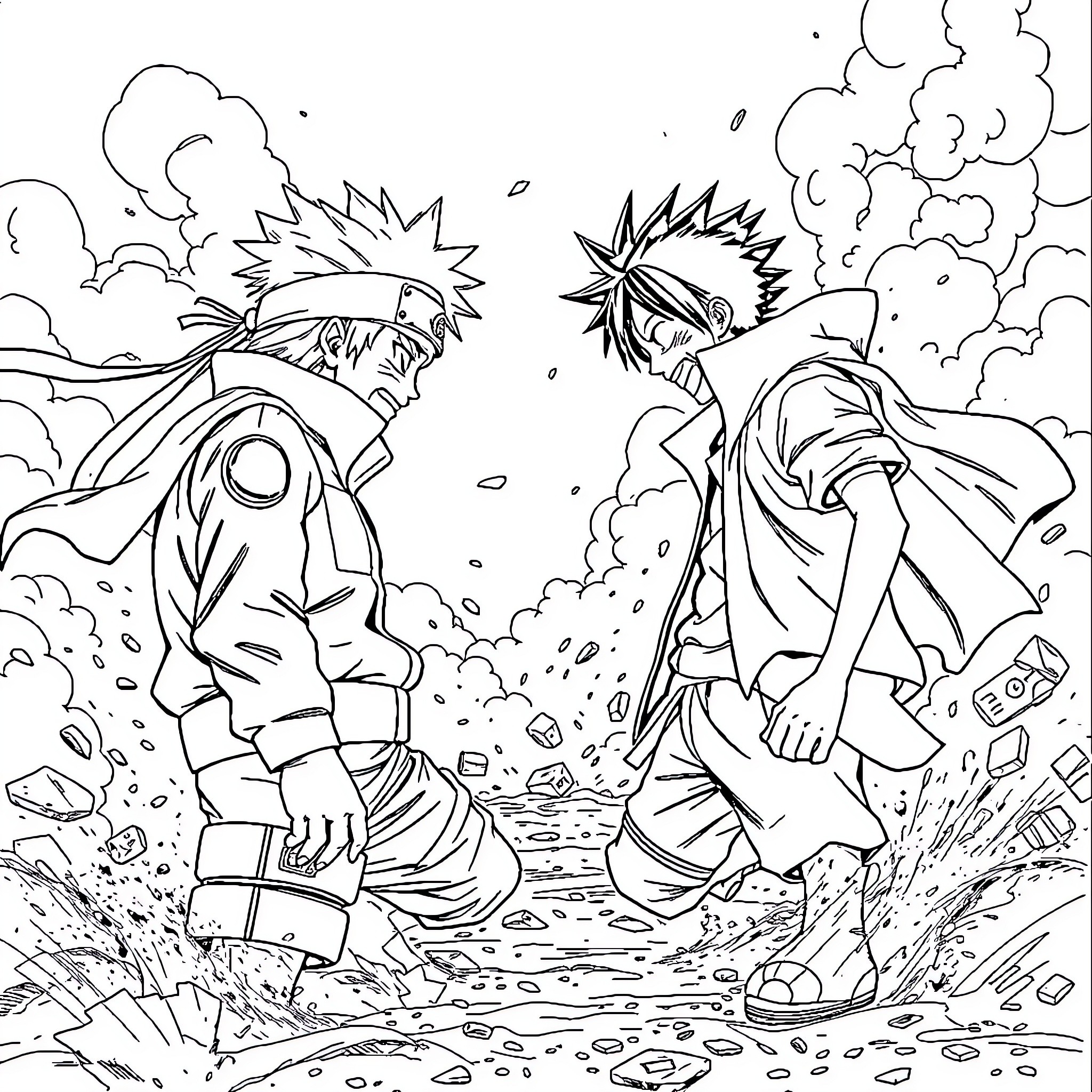 Naruto characters engaging in intense combat Coloring Page (free black-and-white line drawing printable PDF for all, from beginners to advanced learners, including children, teens, adults, and seniors)