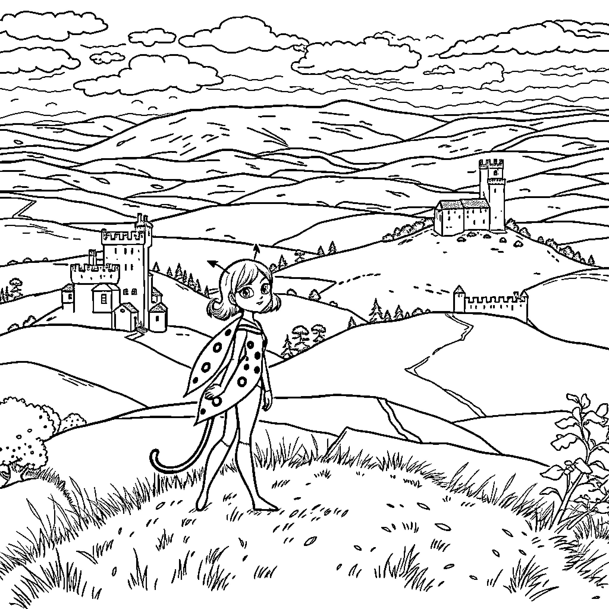 Ladybug walking through a whimsical countryside Coloring Page (free black-and-white line drawing printable PDF for all, from beginners to advanced learners, including children, teens, adults, and seniors)