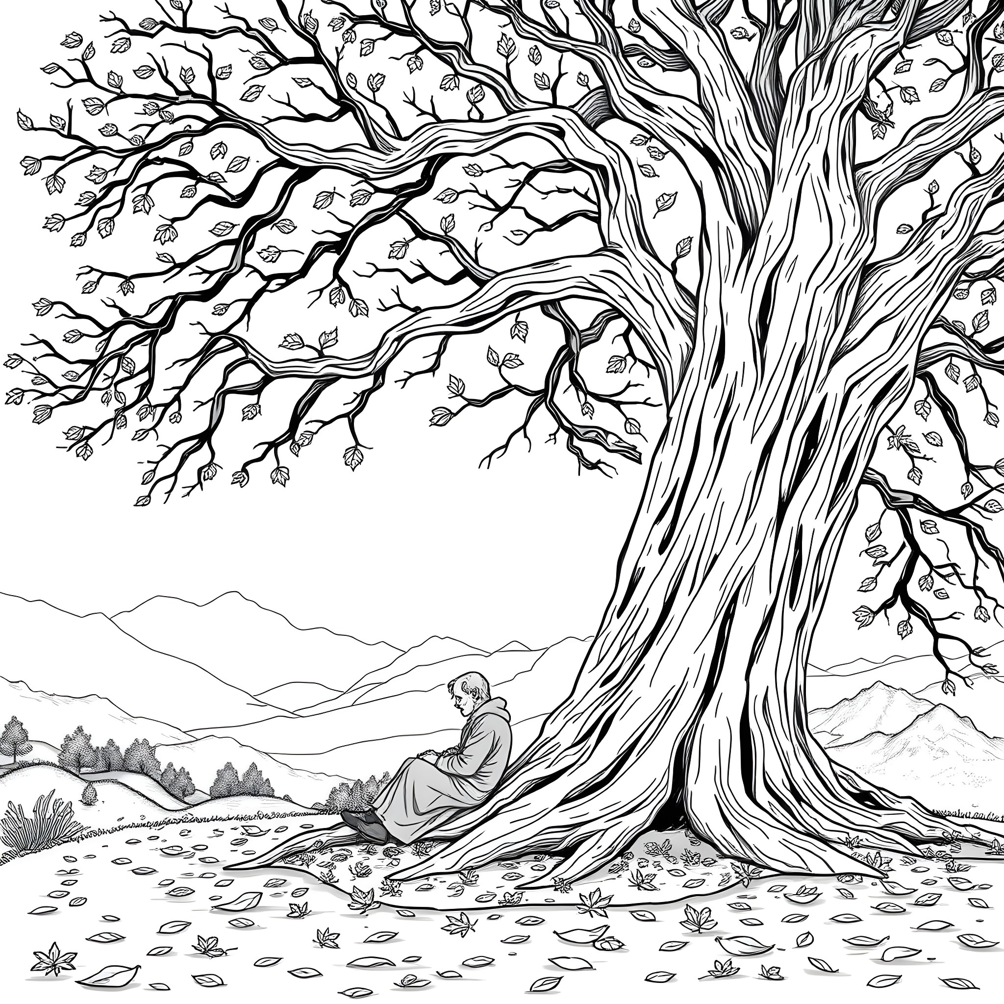 Person sitting under a large, twisted tree in a tranquil landscape Coloring Page (free black-and-white line drawing printable PDF for all, from beginners to advanced learners, including children, teens, adults, and seniors)