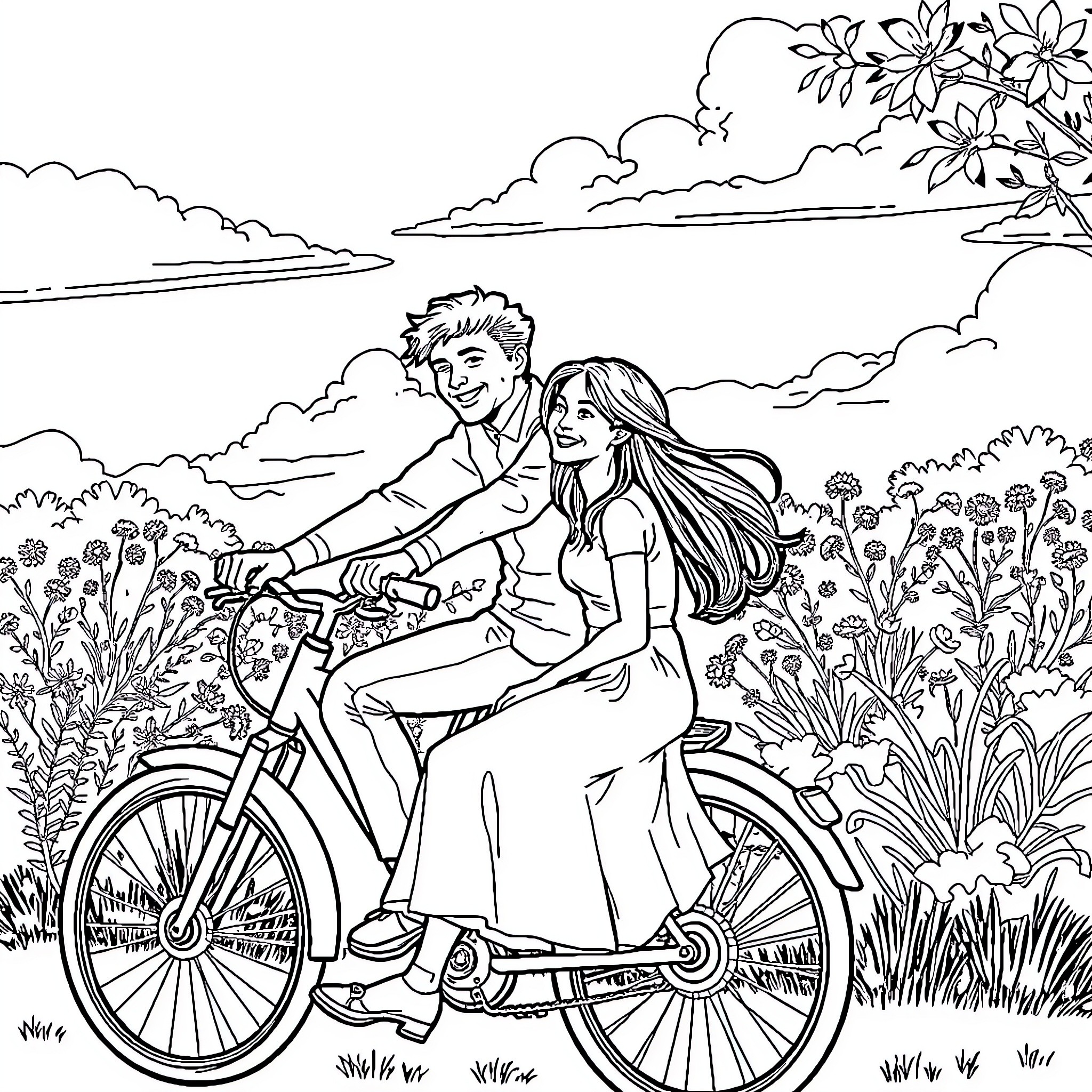 Rider Couple Enjoying a Scenic Bicycle Ride Coloring Page (free black-and-white line drawing printable PDF for all, from beginners to advanced learners, including children, teens, adults, and seniors)