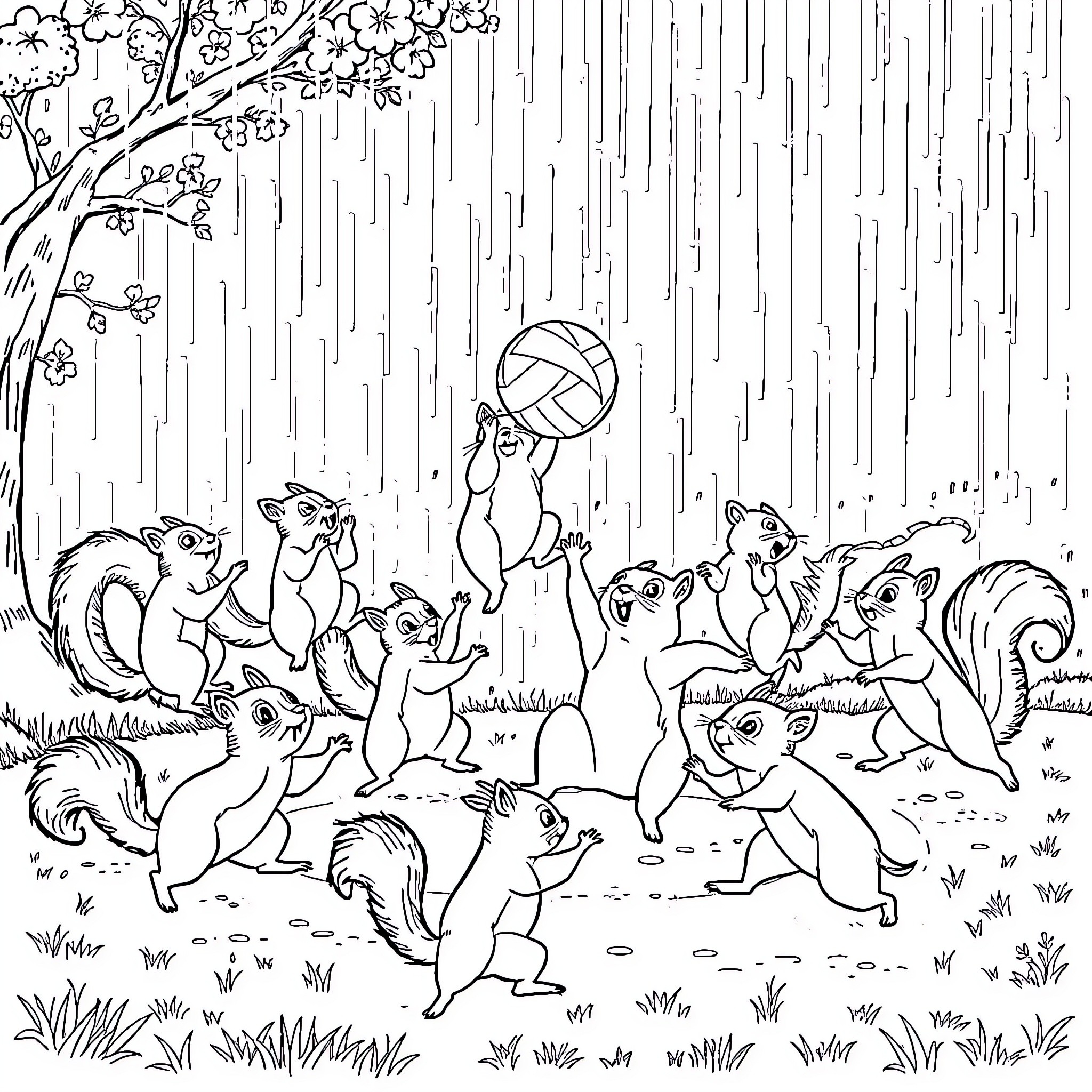 Squirrels playing joyfully in the rain-drenched forest Coloring Page (free black-and-white line drawing printable PDF for all, from beginners to advanced learners, including children, teens, adults, and seniors)