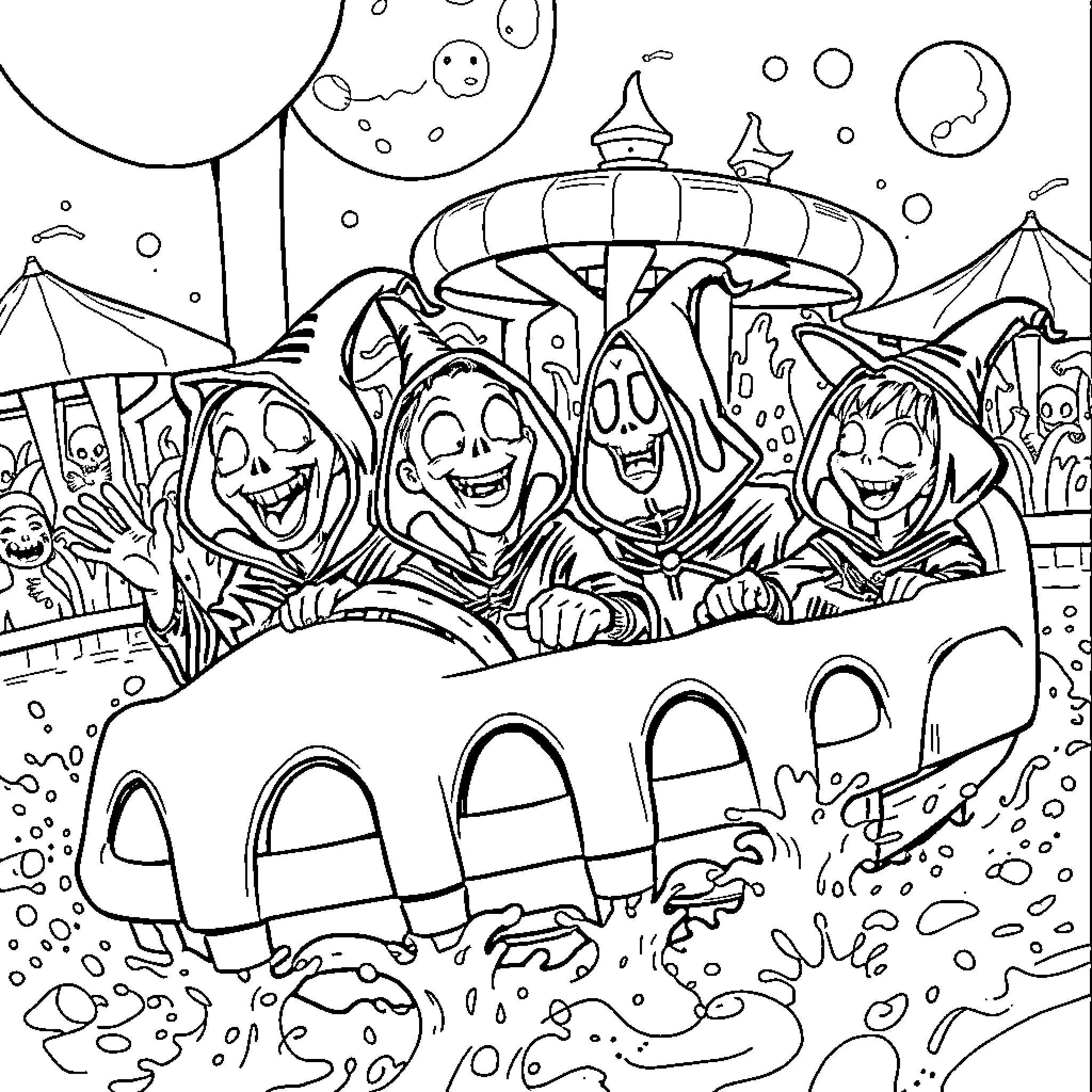 Cenobites enjoying a thrilling carnival ride Coloring Page (free black-and-white line drawing printable PDF for all, from beginners to advanced learners, including children, teens, adults, and seniors)