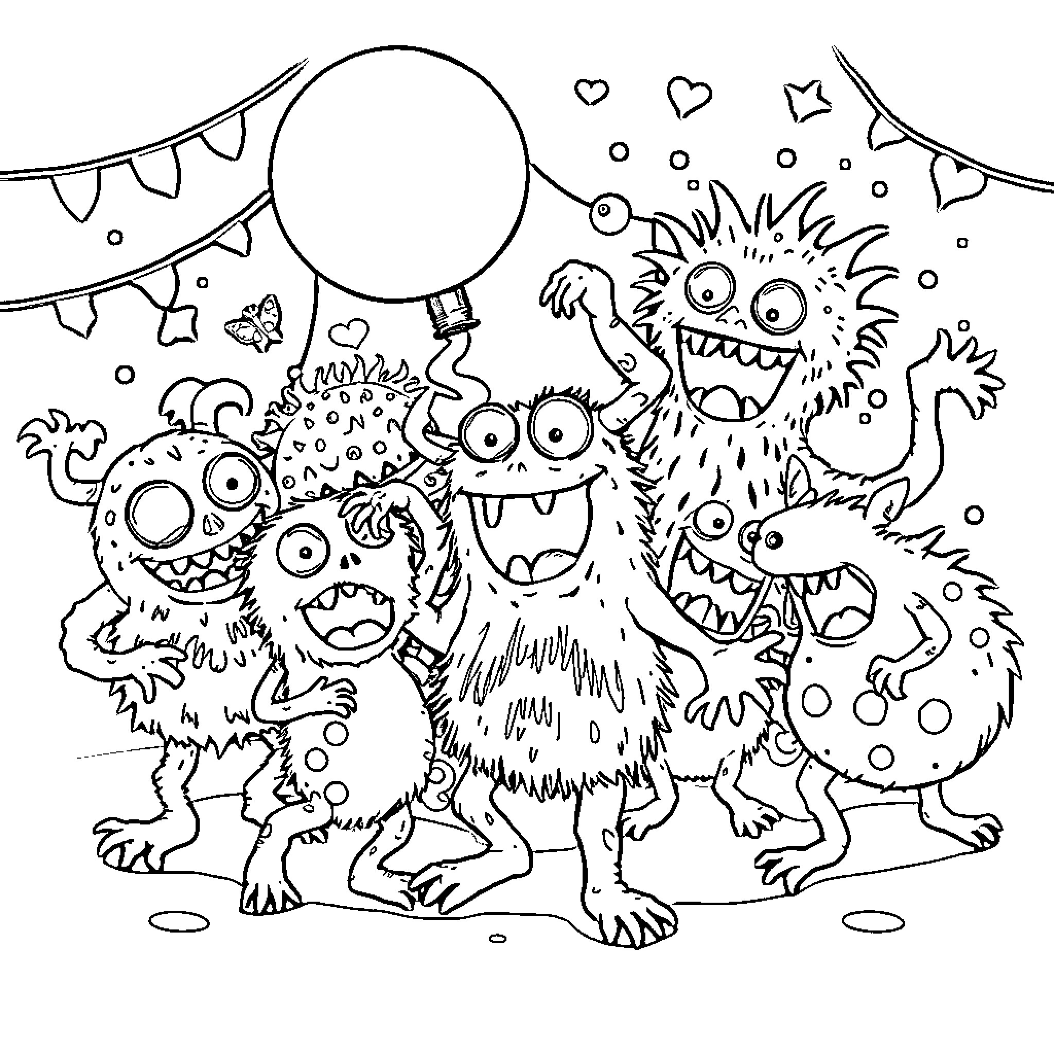 Monster party with silly creatures and celebrations Coloring Page (free black-and-white line drawing printable PDF for all, from beginners to advanced learners, including children, teens, adults, and seniors)