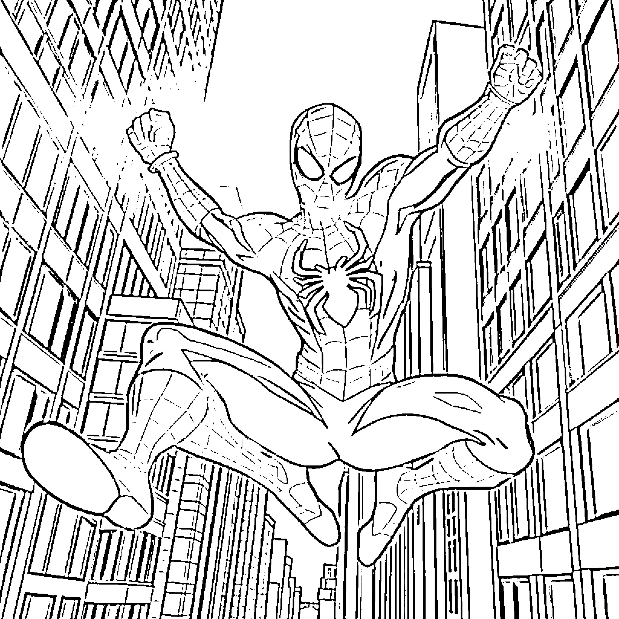 Spiderman swinging through the city streets Coloring Page (free black-and-white line drawing printable PDF for all, from beginners to advanced learners, including children, teens, adults, and seniors)