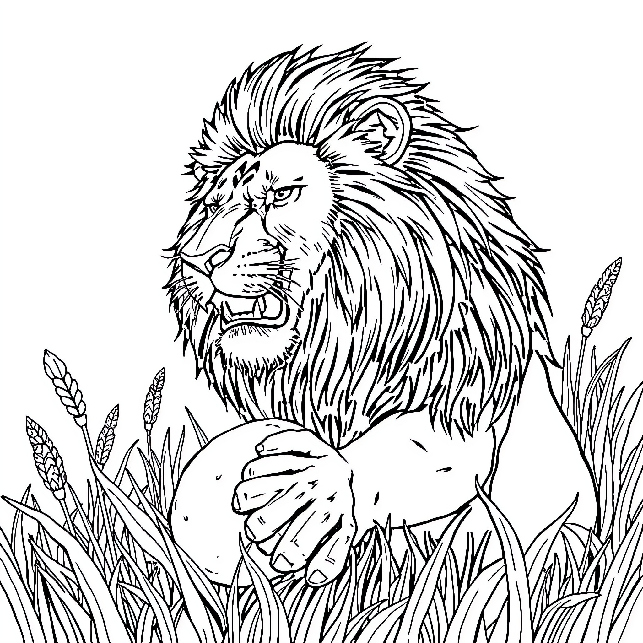 Predator Lion Stalking Prey in the Wilderness Coloring Page (free black-and-white line drawing printable PDF for all, from beginners to advanced learners, including children, teens, adults, and seniors)