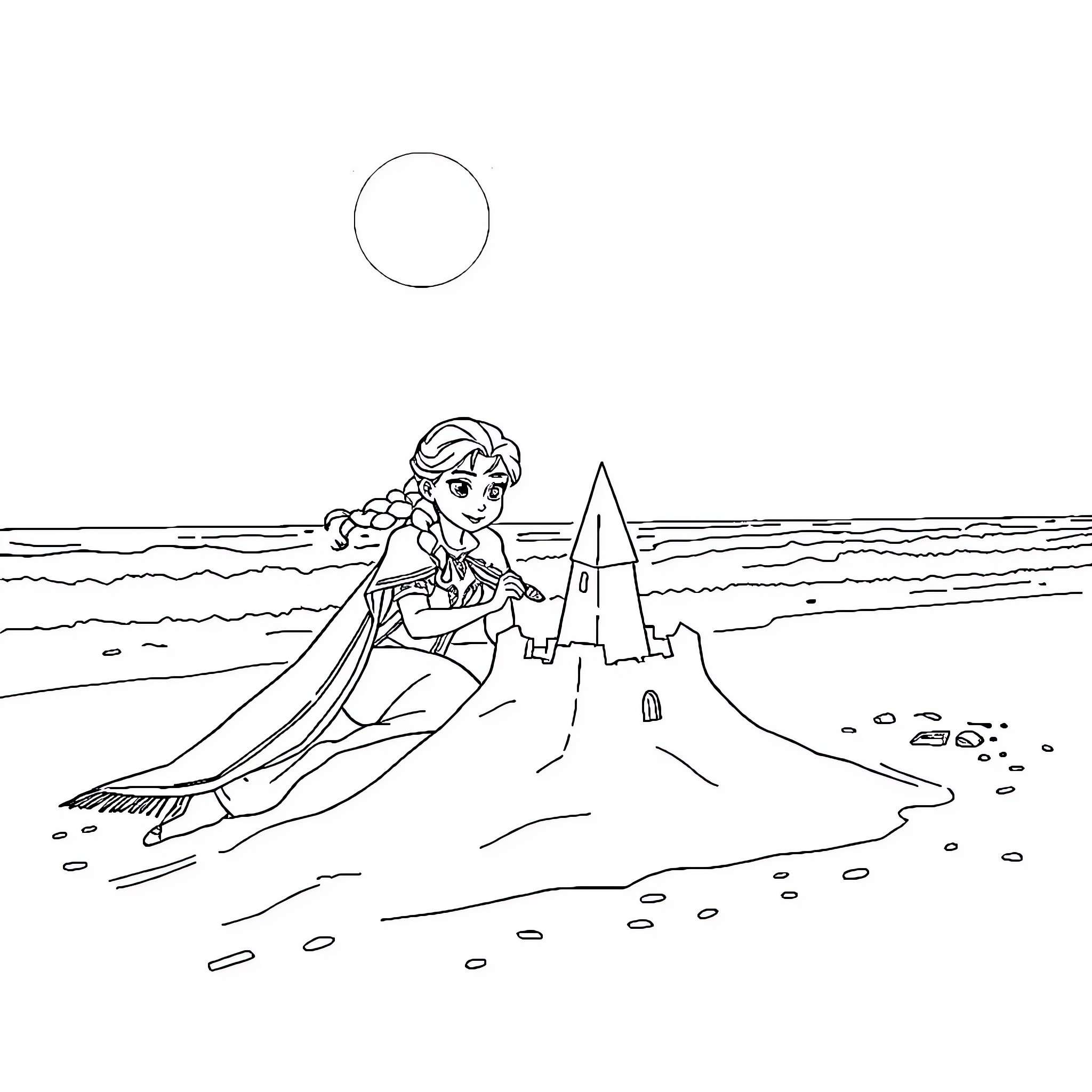 Ana and Elsa building a sandcastle on the beach Coloring Page (free black-and-white line drawing printable PDF for all, from beginners to advanced learners, including children, teens, adults, and seniors)