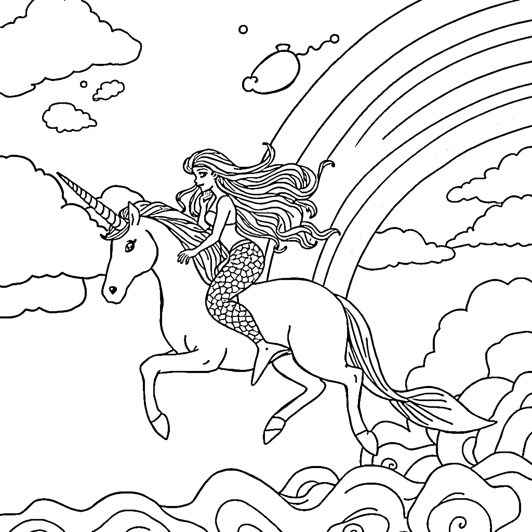 Mermaid riding a unicorn through a magical scene Coloring Page (free black-and-white line drawing printable PDF for all, from beginners to advanced learners, including children, teens, adults, and seniors)