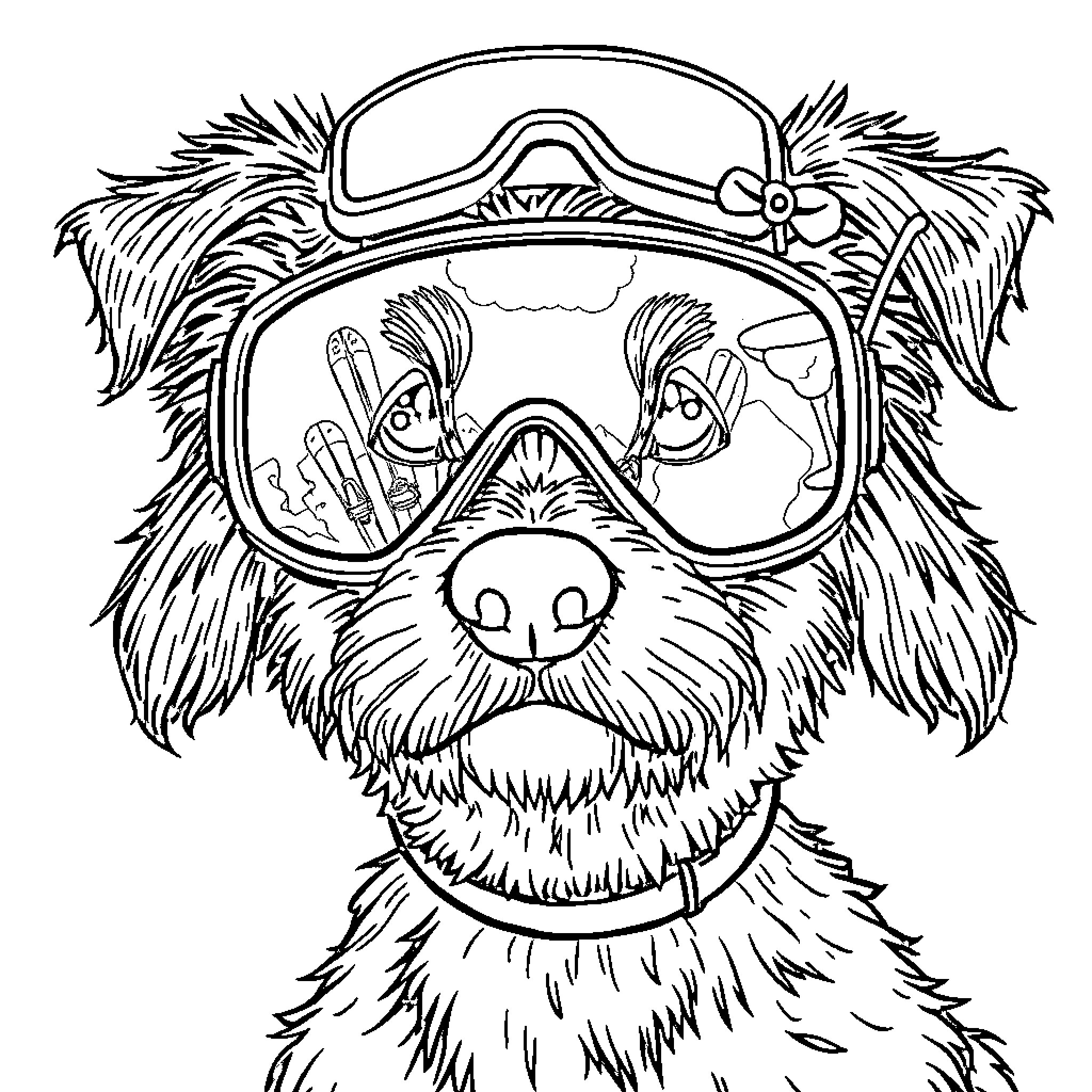 Dog wearing ski goggles and enjoying winter activities Coloring Page (free black-and-white line drawing printable PDF for all, from beginners to advanced learners, including children, teens, adults, and seniors)