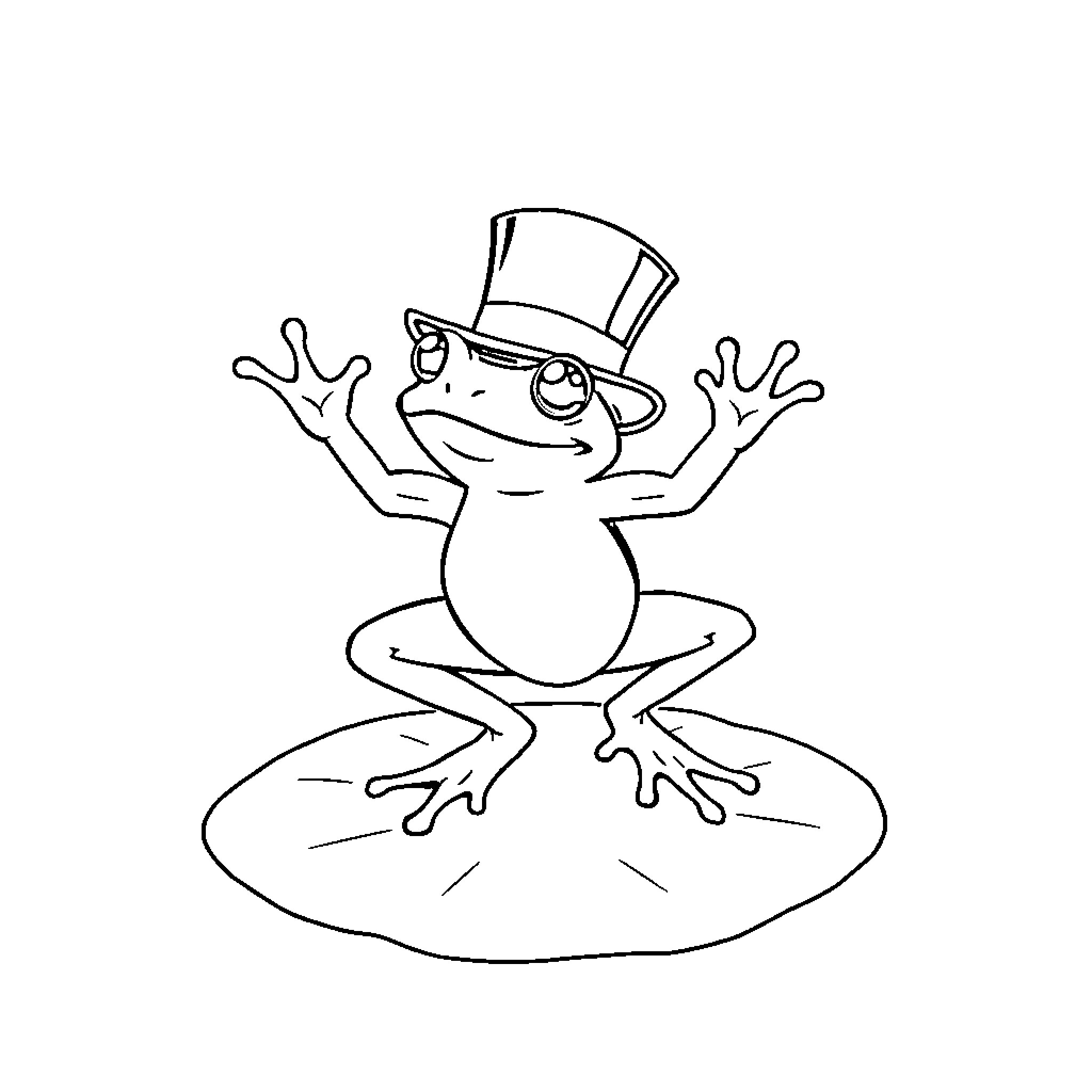 Frog wearing a top hat and gesturing Coloring Page (free black-and-white line drawing printable PDF for all, from beginners to advanced learners, including children, teens, adults, and seniors)