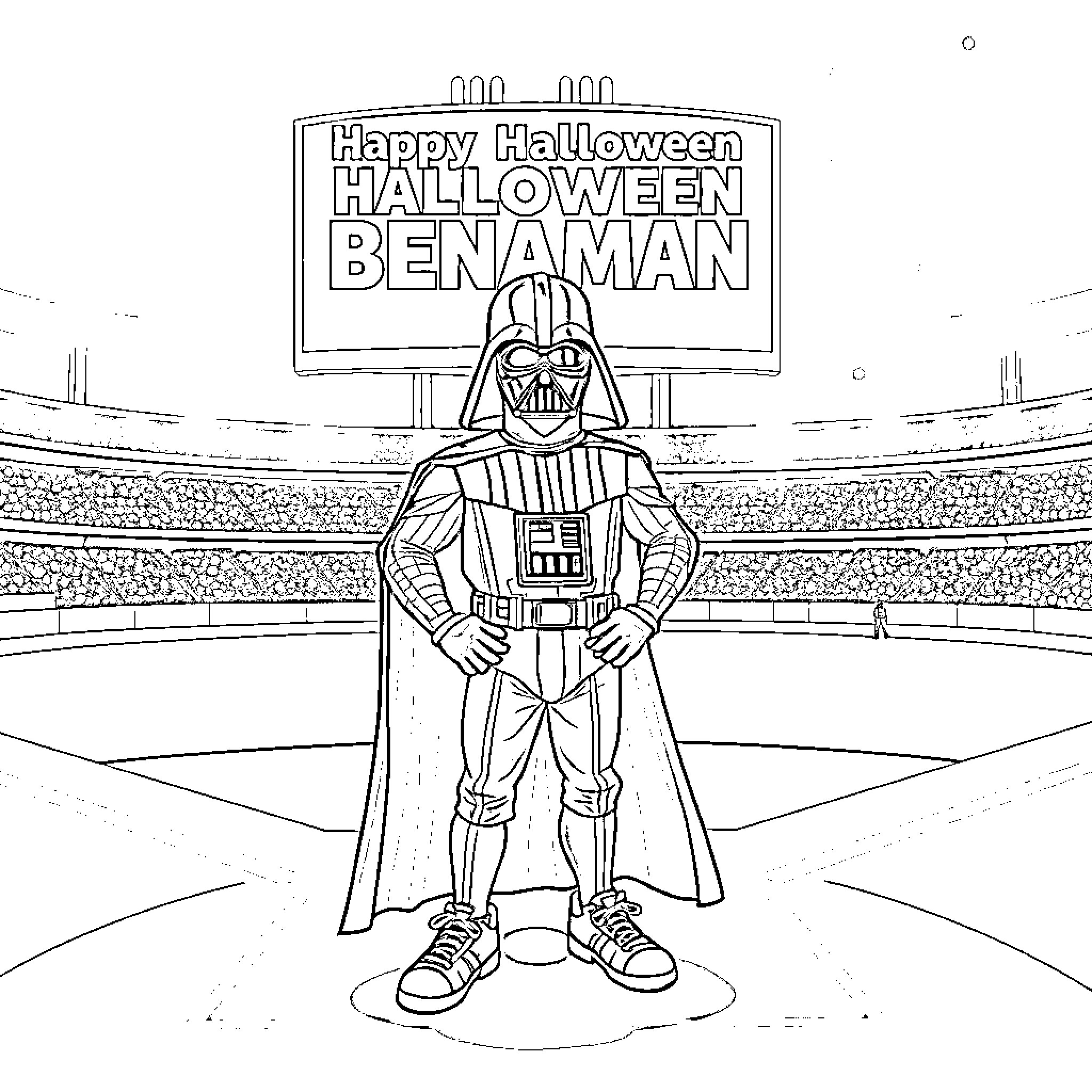 Darth Vader wishes a Happy Halloween Coloring Page (free black-and-white line drawing printable PDF for all, from beginners to advanced learners, including children, teens, adults, and seniors)