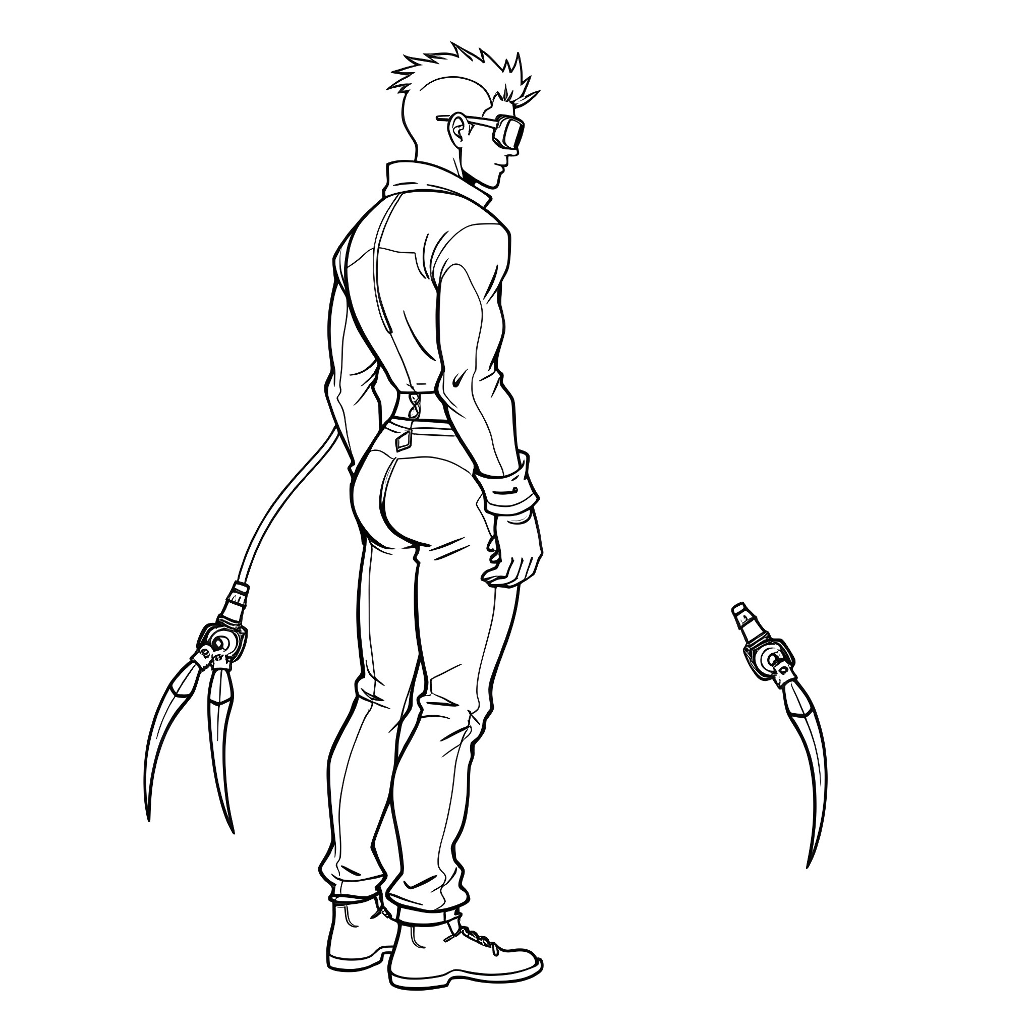 Man with punk hairstyle wielding futuristic weapons Coloring Page (free black-and-white line drawing printable PDF for all, from beginners to advanced learners, including children, teens, adults, and seniors)